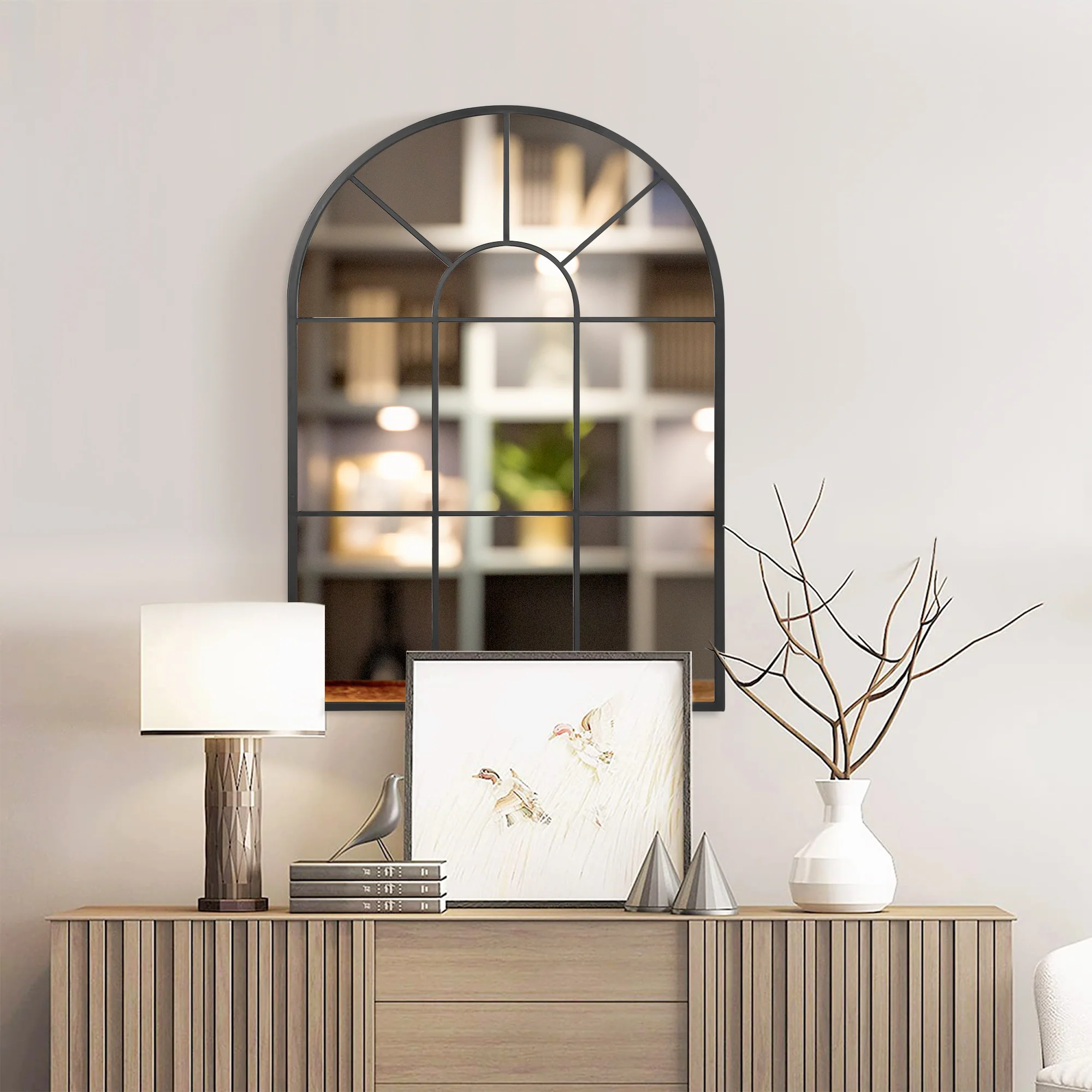 Miroir mural arqué 91 x 60 cm, miroir verrière arche style industriel, miroir de fenêtre arqué avec cadre métallique, pour salon, chambre, couloir, noir - Image 3