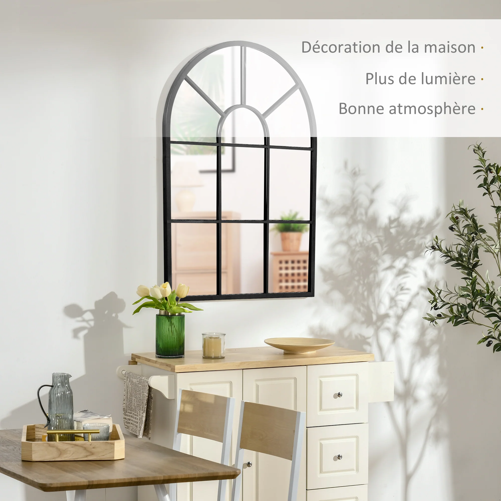 Miroir mural arqué 91 x 60 cm, miroir verrière arche style industriel, miroir de fenêtre arqué avec cadre métallique, pour salon, chambre, couloir, noir - Image 5