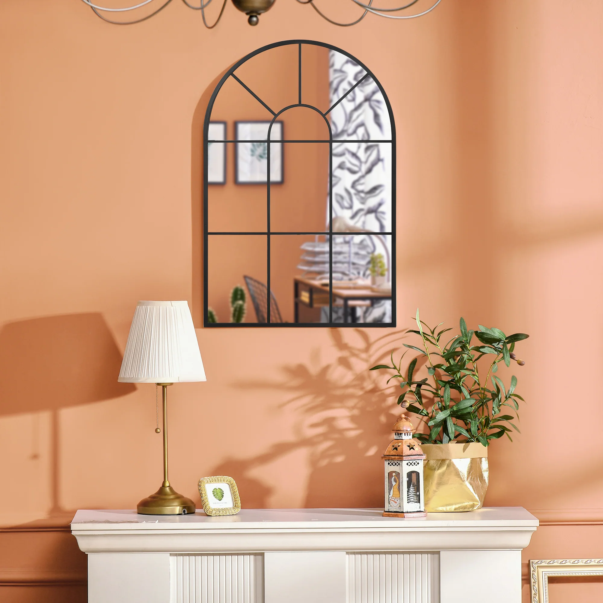 Miroir mural arqué 91 x 60 cm, miroir verrière arche style industriel, miroir de fenêtre arqué avec cadre métallique, pour salon, chambre, couloir, noir - Image 6