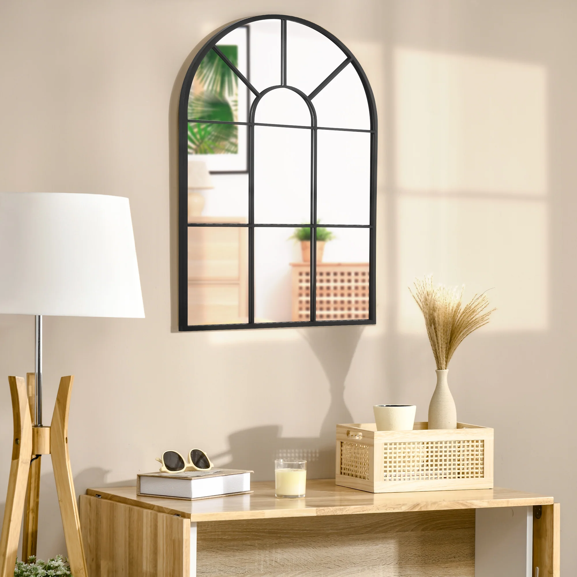 Miroir mural arqué 91 x 60 cm, miroir verrière arche style industriel, miroir de fenêtre arqué avec cadre métallique, pour salon, chambre, couloir, noir - Image 7