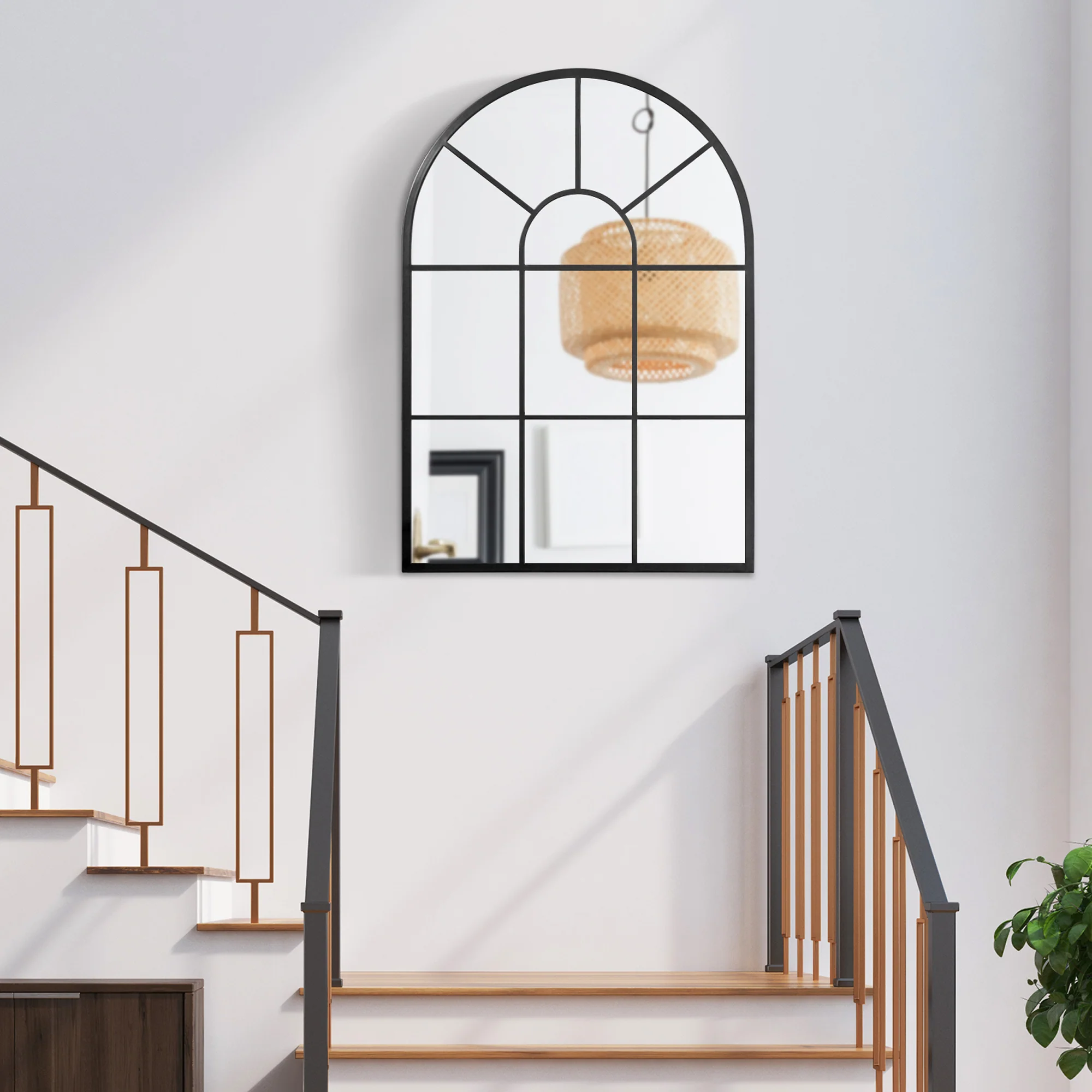 Miroir mural arqué 91 x 60 cm, miroir verrière arche style industriel, miroir de fenêtre arqué avec cadre métallique, pour salon, chambre, couloir, noir - Image 8