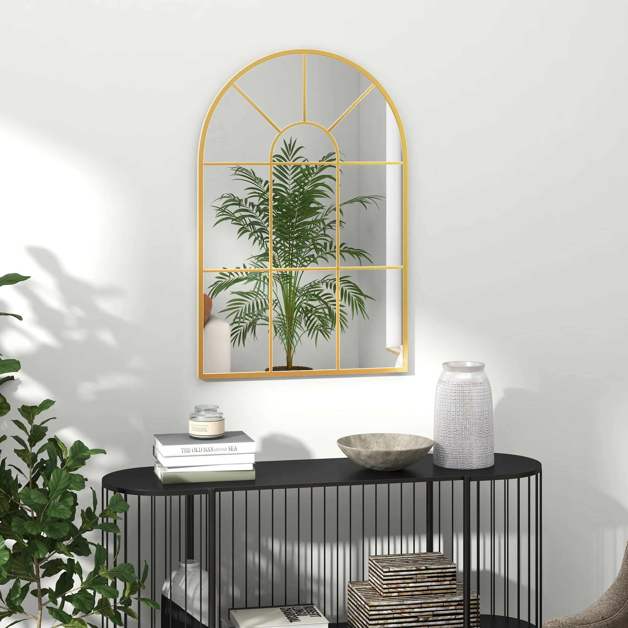 Miroir mural arqué 91 x 60 cm, miroir verrière arche style industriel, miroir de fenêtre arqué avec cadre métallique, pour salon, chambre, couloir, doré - Image 3