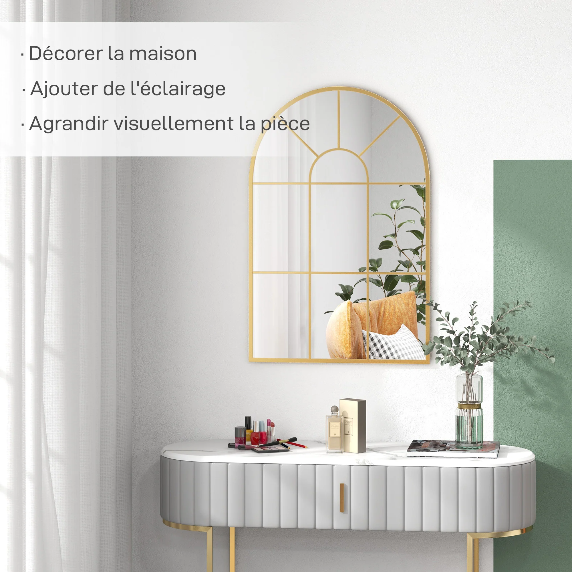 Miroir mural arqué 91 x 60 cm, miroir verrière arche style industriel, miroir de fenêtre arqué avec cadre métallique, pour salon, chambre, couloir, doré - Image 5