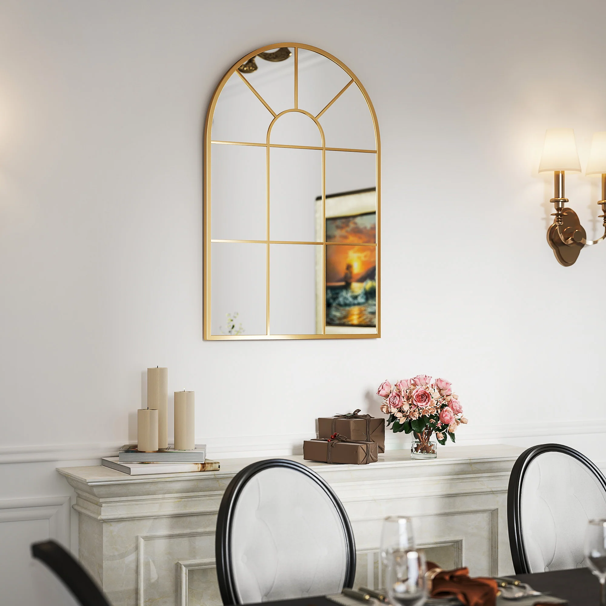 Miroir mural arqué 91 x 60 cm, miroir verrière arche style industriel, miroir de fenêtre arqué avec cadre métallique, pour salon, chambre, couloir, doré - Image 7