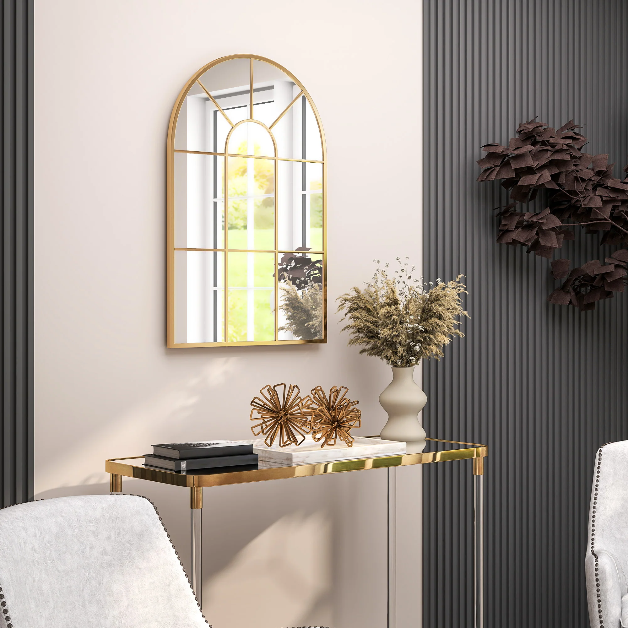Miroir mural arqué 91 x 60 cm, miroir verrière arche style industriel, miroir de fenêtre arqué avec cadre métallique, pour salon, chambre, couloir, doré - Image 9