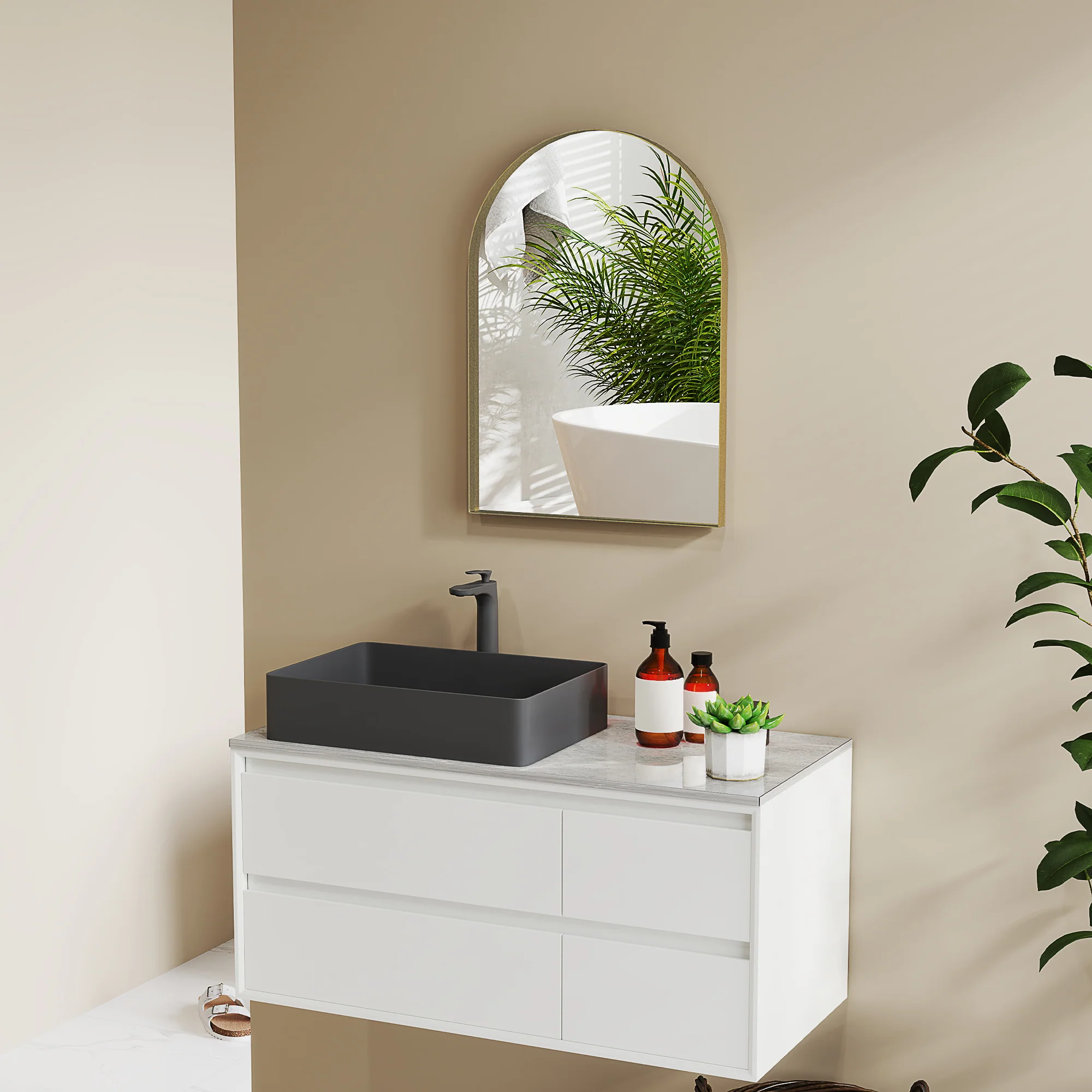 Miroir mural arqué, miroir de salle de bain, 50 x 70 cm, haute définition, avec cadre en alliage d'aluminium, pour chambre, salon, entrée, or - Image 10
