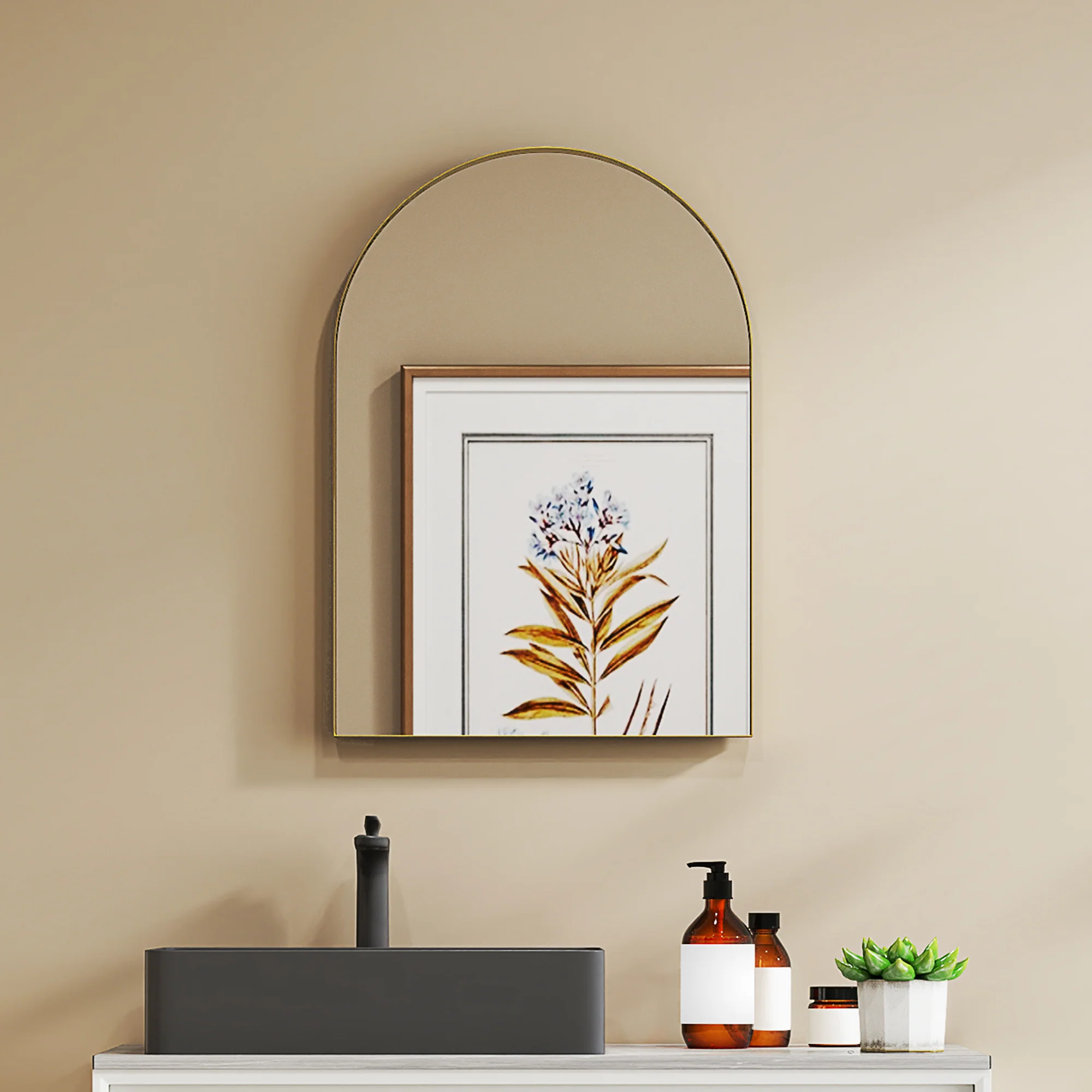 Miroir mural arqué, miroir de salle de bain, 50 x 70 cm, haute définition, avec cadre en alliage d'aluminium, pour chambre, salon, entrée, or - Image 3