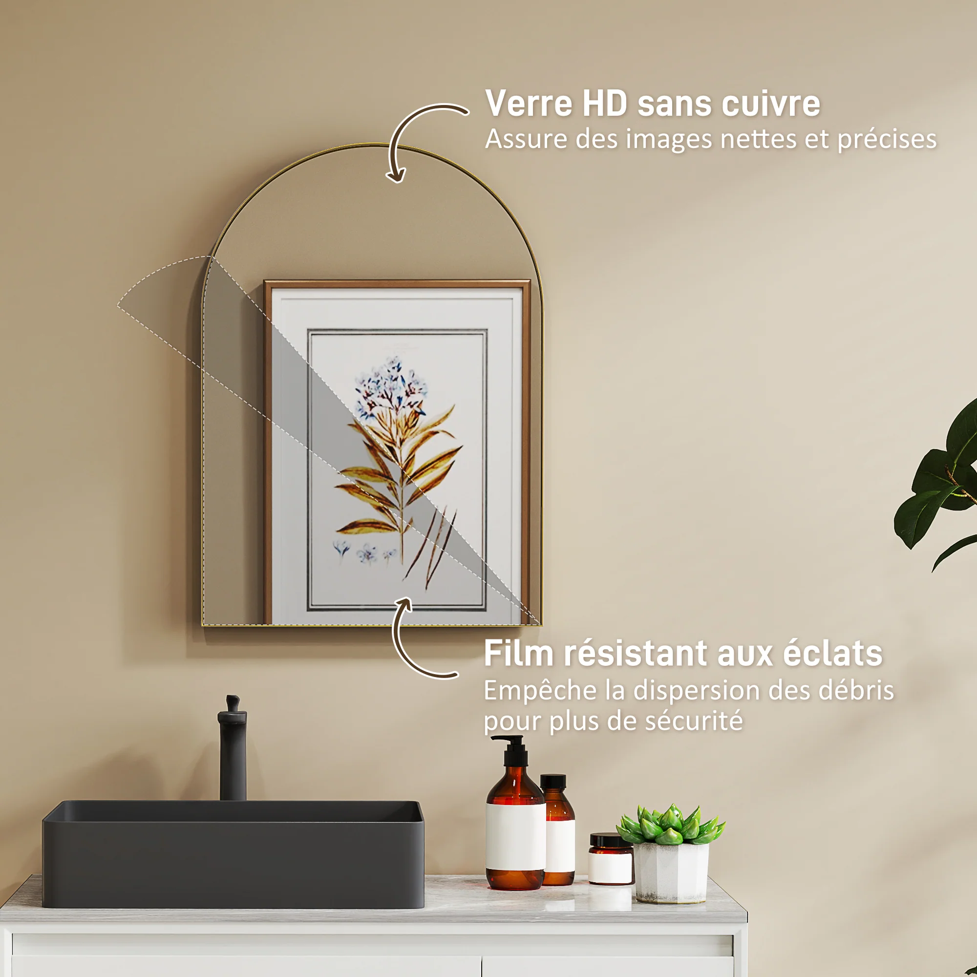 Miroir mural arqué, miroir de salle de bain, 50 x 70 cm, haute définition, avec cadre en alliage d'aluminium, pour chambre, salon, entrée, or - Image 6
