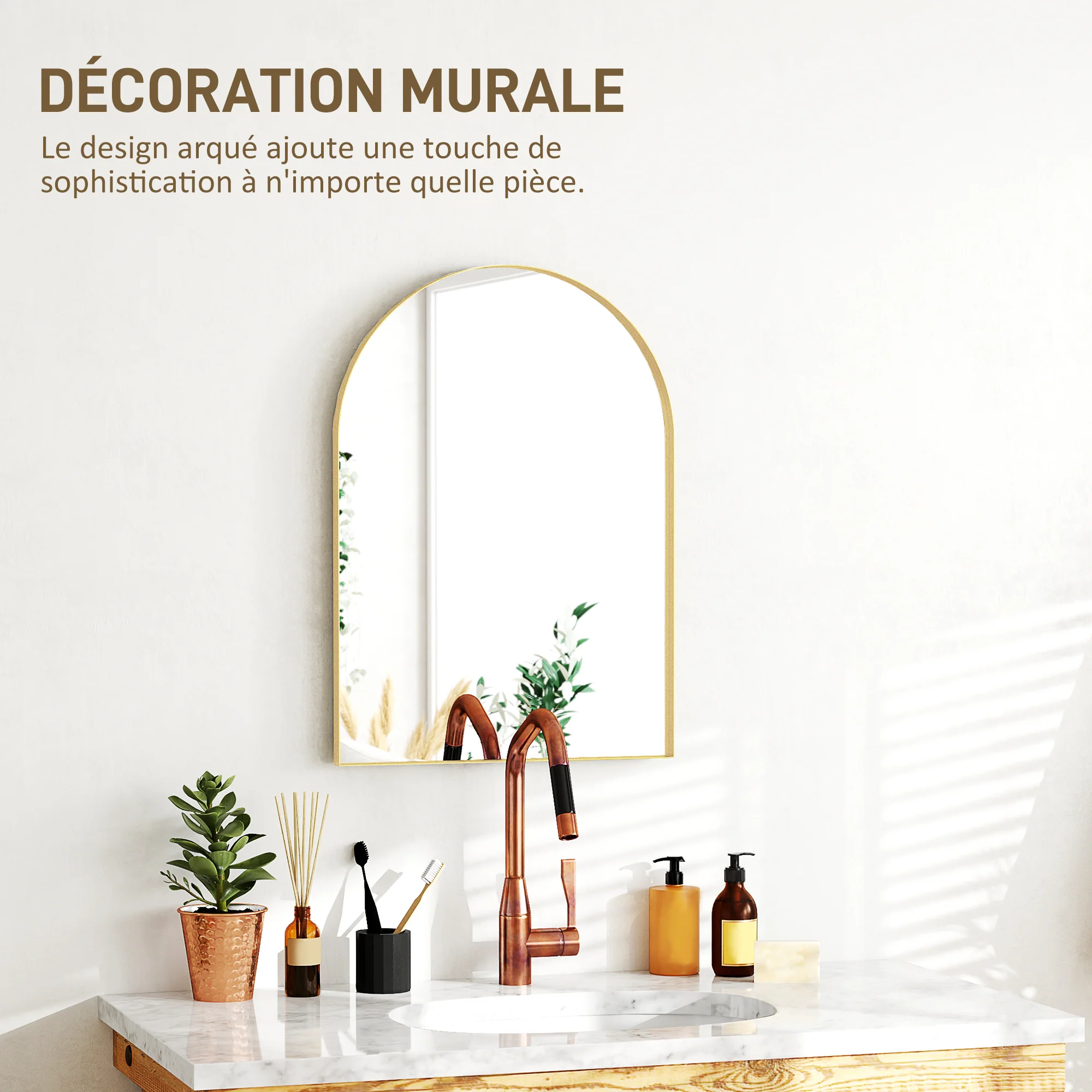 Miroir mural arqué, miroir de salle de bain, 50 x 70 cm, haute définition, avec cadre en alliage d'aluminium, pour chambre, salon, entrée, or - Image 7