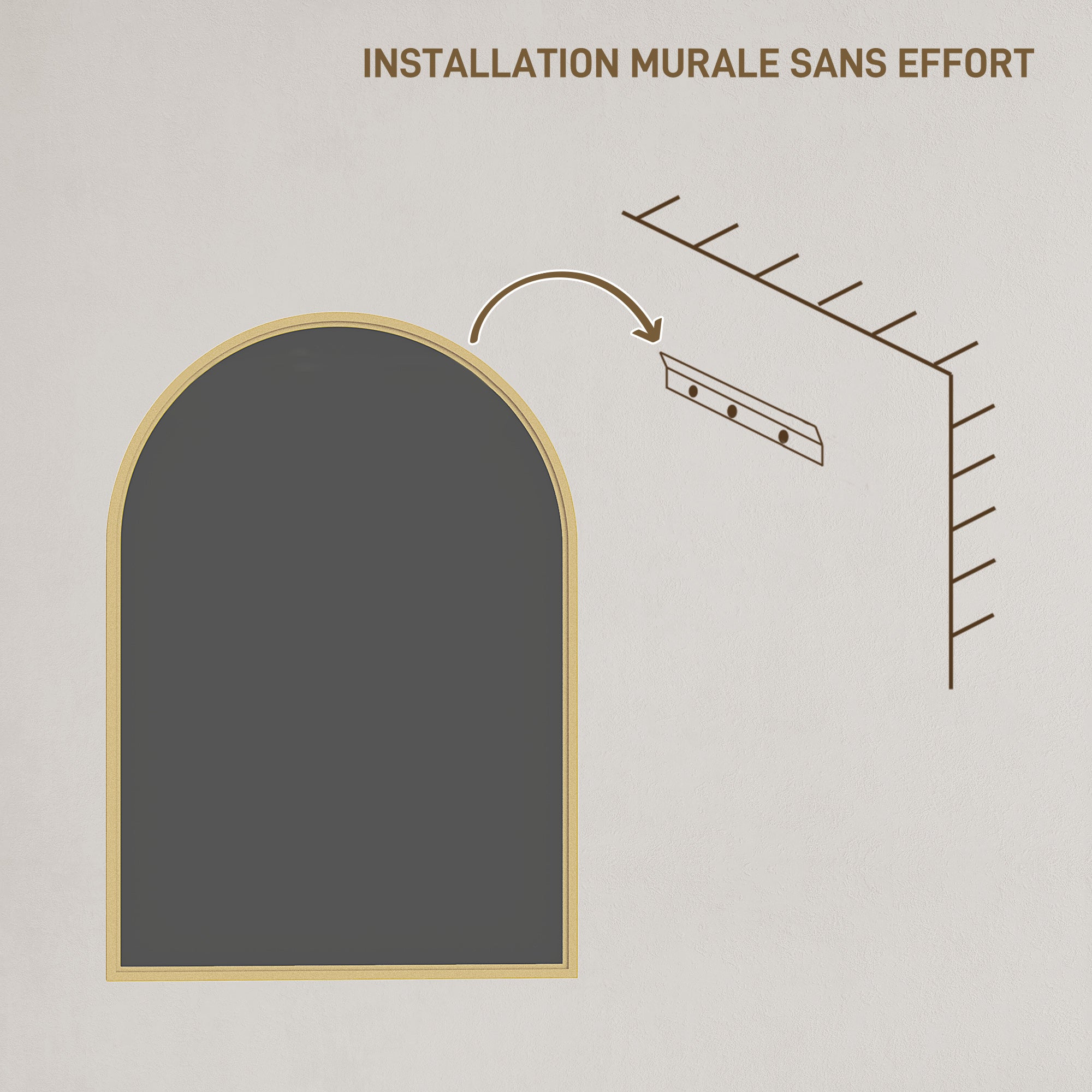 Miroir mural arqué, miroir de salle de bain, 50 x 70 cm, haute définition, avec cadre en alliage d'aluminium, pour chambre, salon, entrée, or - Image 8