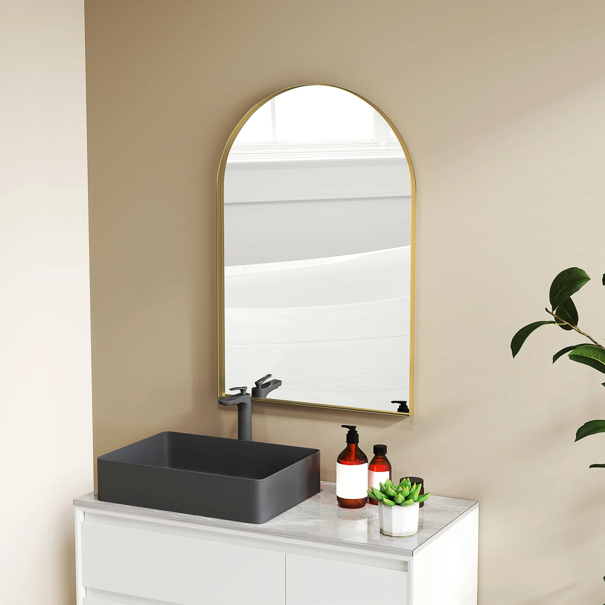Miroir mural arqué, miroir de salle de bain, 60 x 90 cm, haute définition, avec cadre en alliage d'aluminium, pour chambre, salon, entrée, or - Image 10