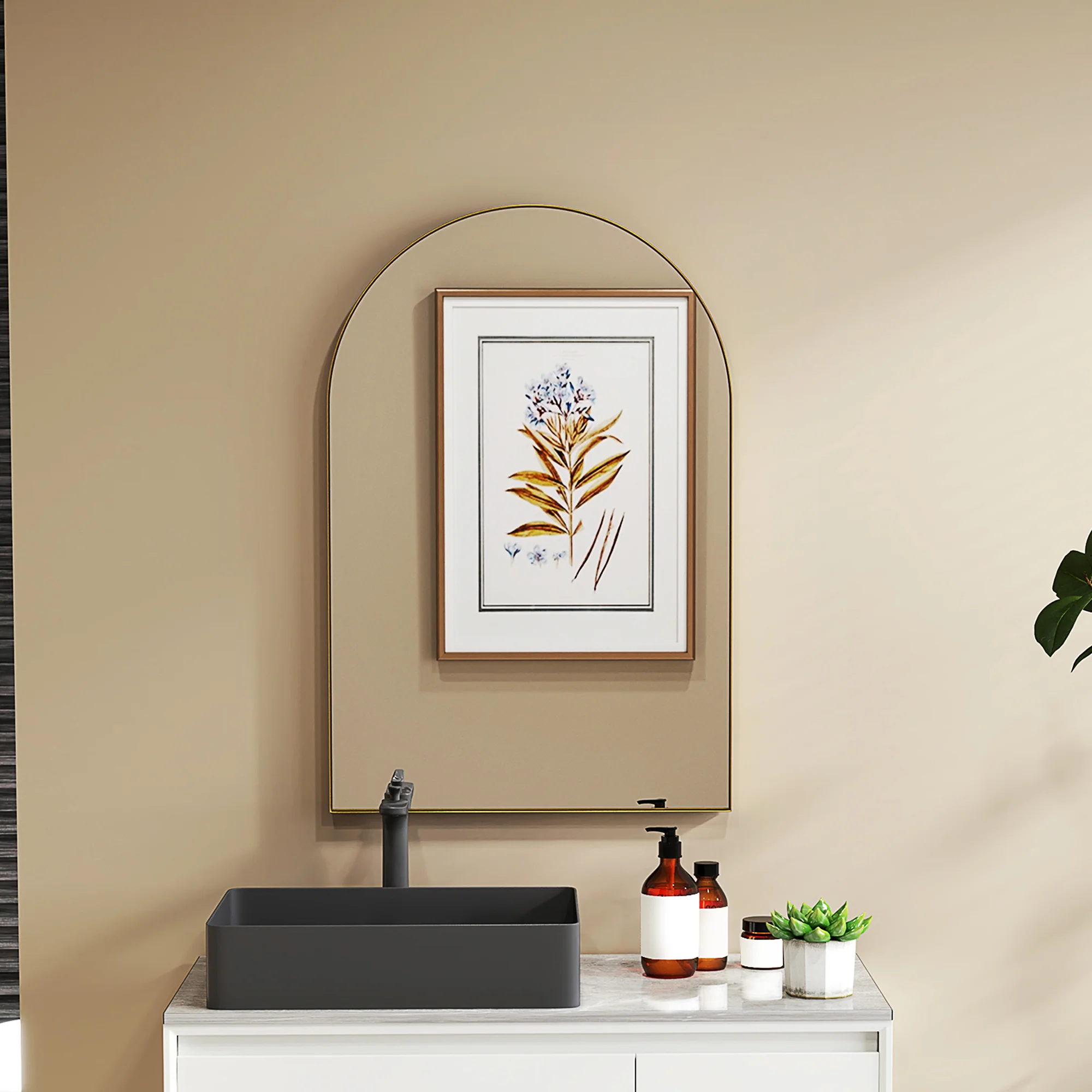 Miroir mural arqué, miroir de salle de bain, 60 x 90 cm, haute définition, avec cadre en alliage d'aluminium, pour chambre, salon, entrée, or - Image 3