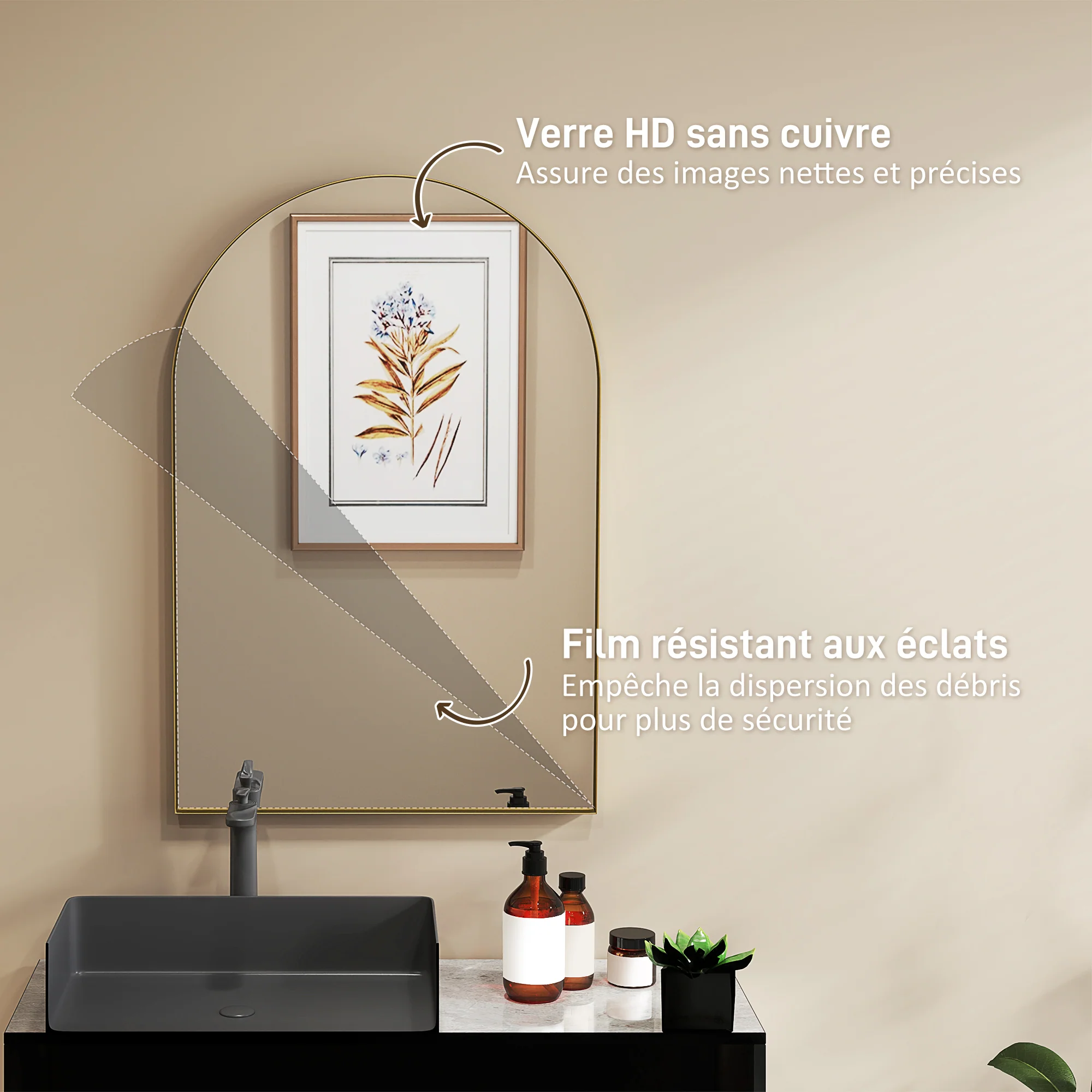 Miroir mural arqué, miroir de salle de bain, 60 x 90 cm, haute définition, avec cadre en alliage d'aluminium, pour chambre, salon, entrée, or - Image 6