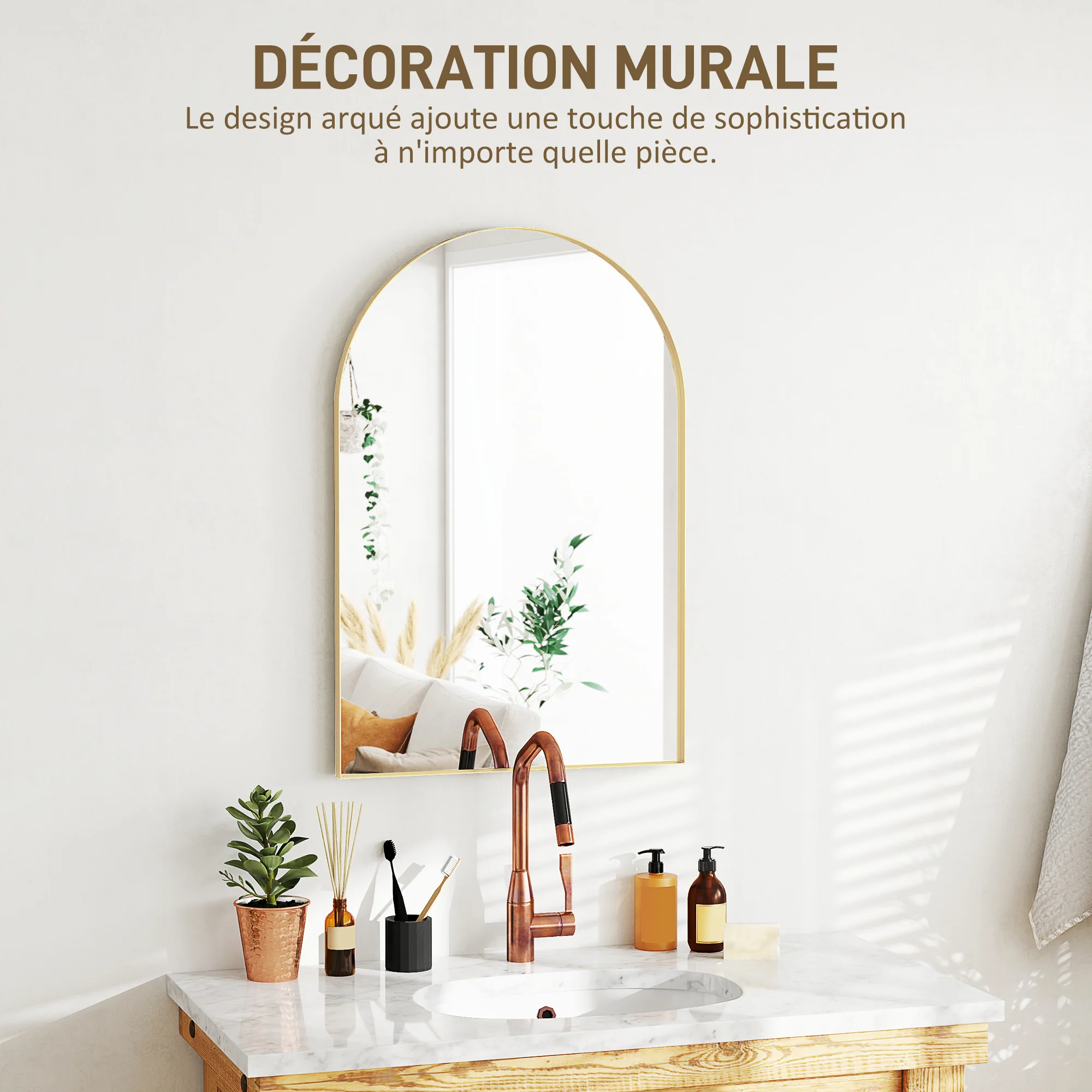 Miroir mural arqué, miroir de salle de bain, 60 x 90 cm, haute définition, avec cadre en alliage d'aluminium, pour chambre, salon, entrée, or - Image 7