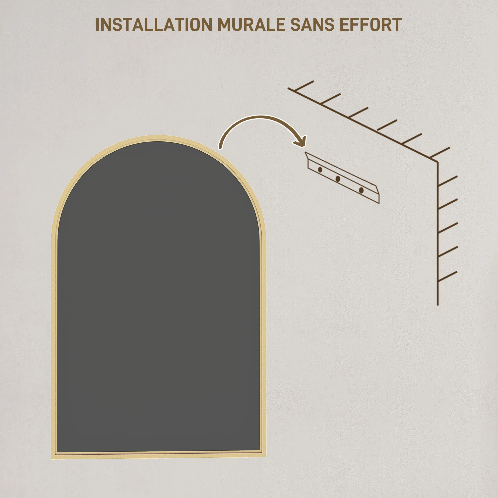 Miroir mural arqué, miroir de salle de bain, 60 x 90 cm, haute définition, avec cadre en alliage d'aluminium, pour chambre, salon, entrée, or - Image 8