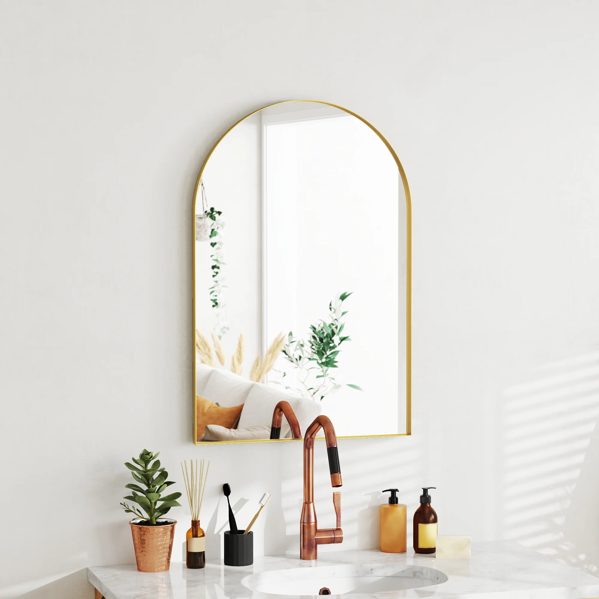 Miroir mural arqué, miroir de salle de bain, 60 x 90 cm, haute définition, avec cadre en alliage d'aluminium, pour chambre, salon, entrée, or - Image 9