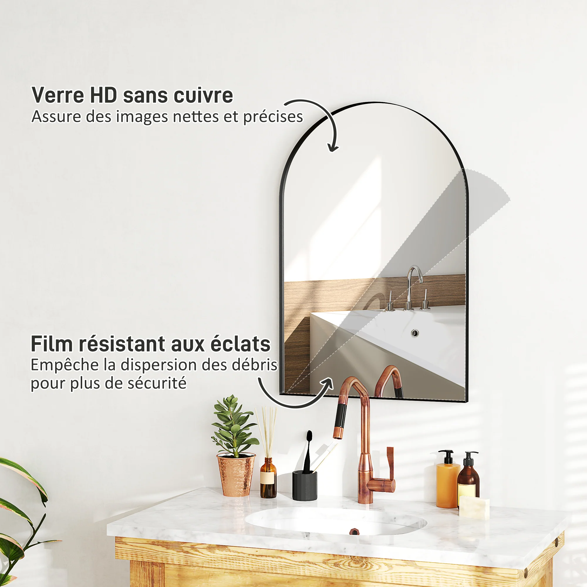 Miroir mural arqué, miroir de salle de bain, 60 x 90 cm, haute définition, avec cadre en alliage d'aluminium, pour chambre, salon, entrée, noir - Image 6