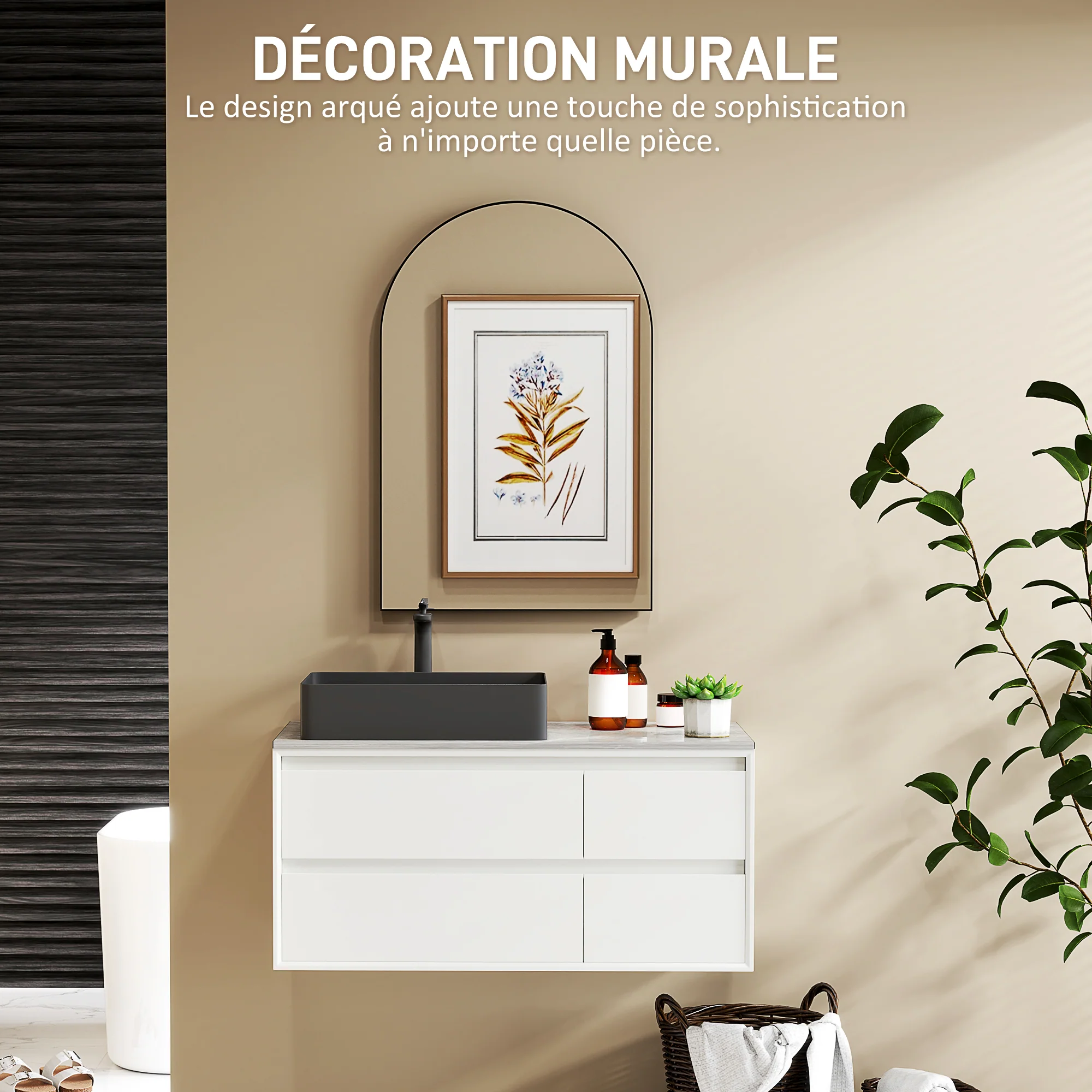 Miroir mural arqué, miroir de salle de bain, 60 x 90 cm, haute définition, avec cadre en alliage d'aluminium, pour chambre, salon, entrée, noir - Image 7