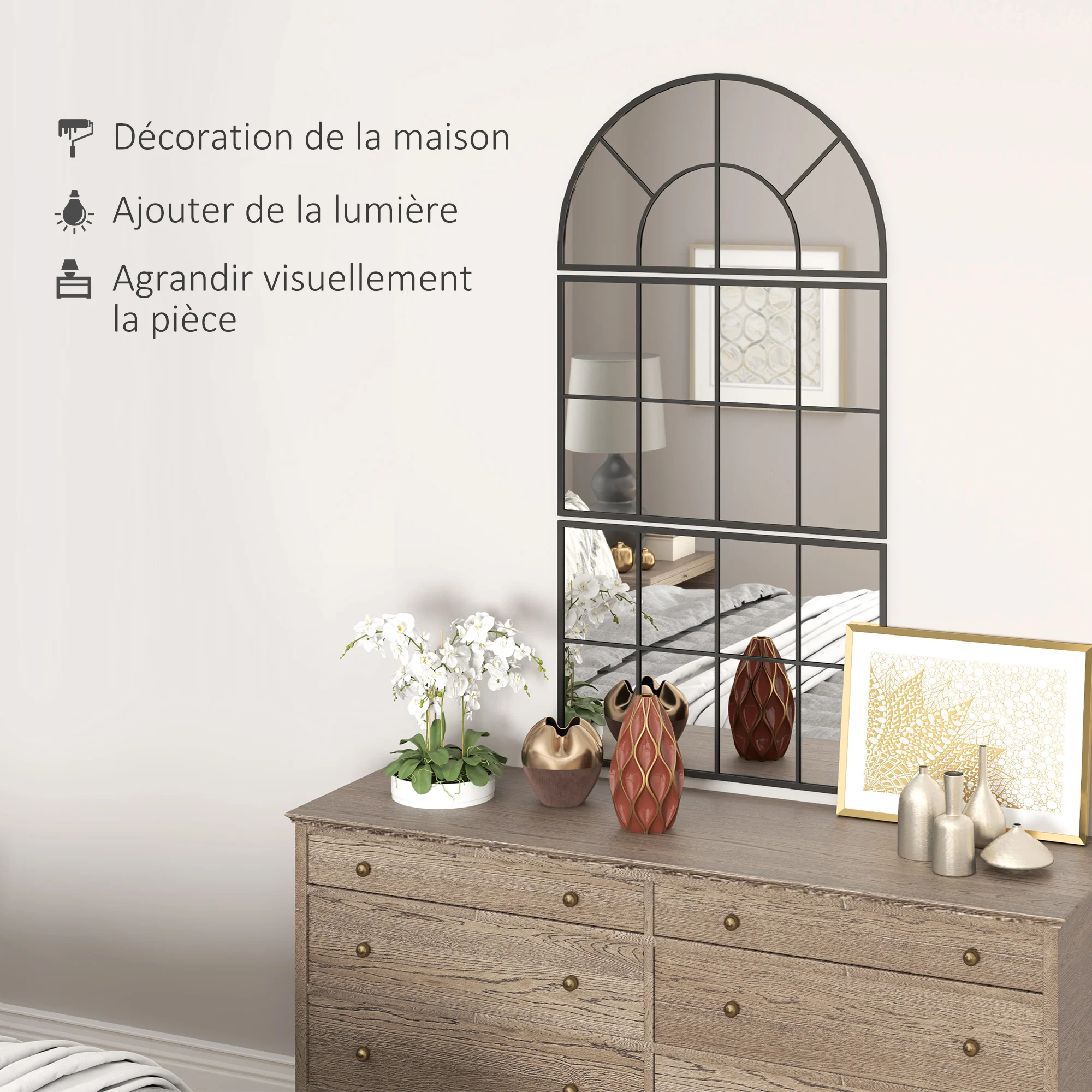 Miroir mural arqué, miroir mural en forme de fenêtre, ensemble de 3 pièces, cadre en métal, pour salon, chambre à coucher, couloir, 76 x 149 cm noir - Image 6