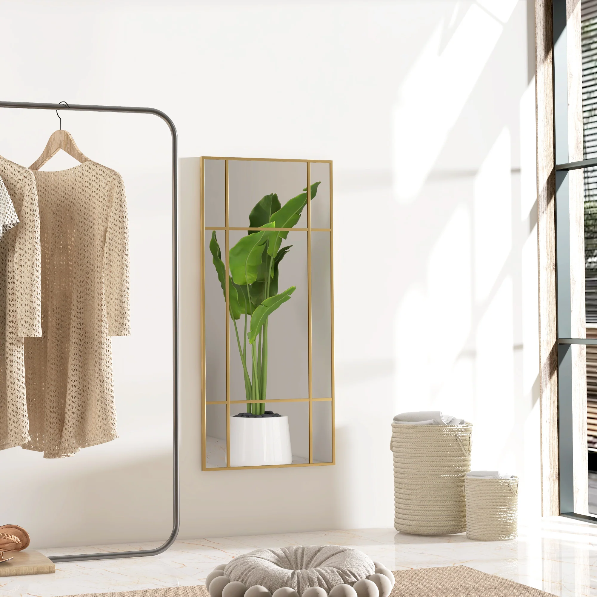 Miroir mural verrière rectangulaire style fenêtre, horizontal ou vertical avec 4 crochets, en métal doré - 110x50 cm - Image 3