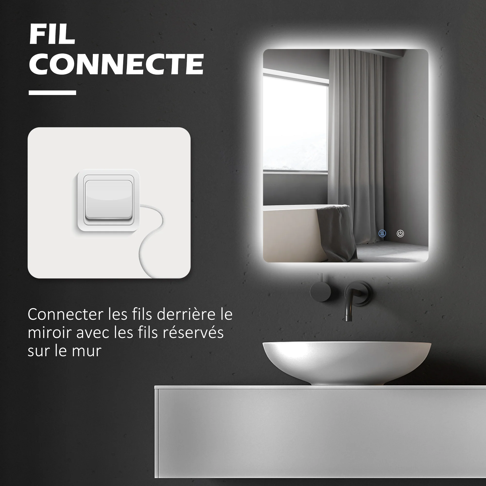 Miroir rectangulaire mural lumineux LED de salle de bain - 80 x 60 cm - 3 couleurs, luminosité réglable interrupteur tactile système antibuée blanc transparent - Image 10