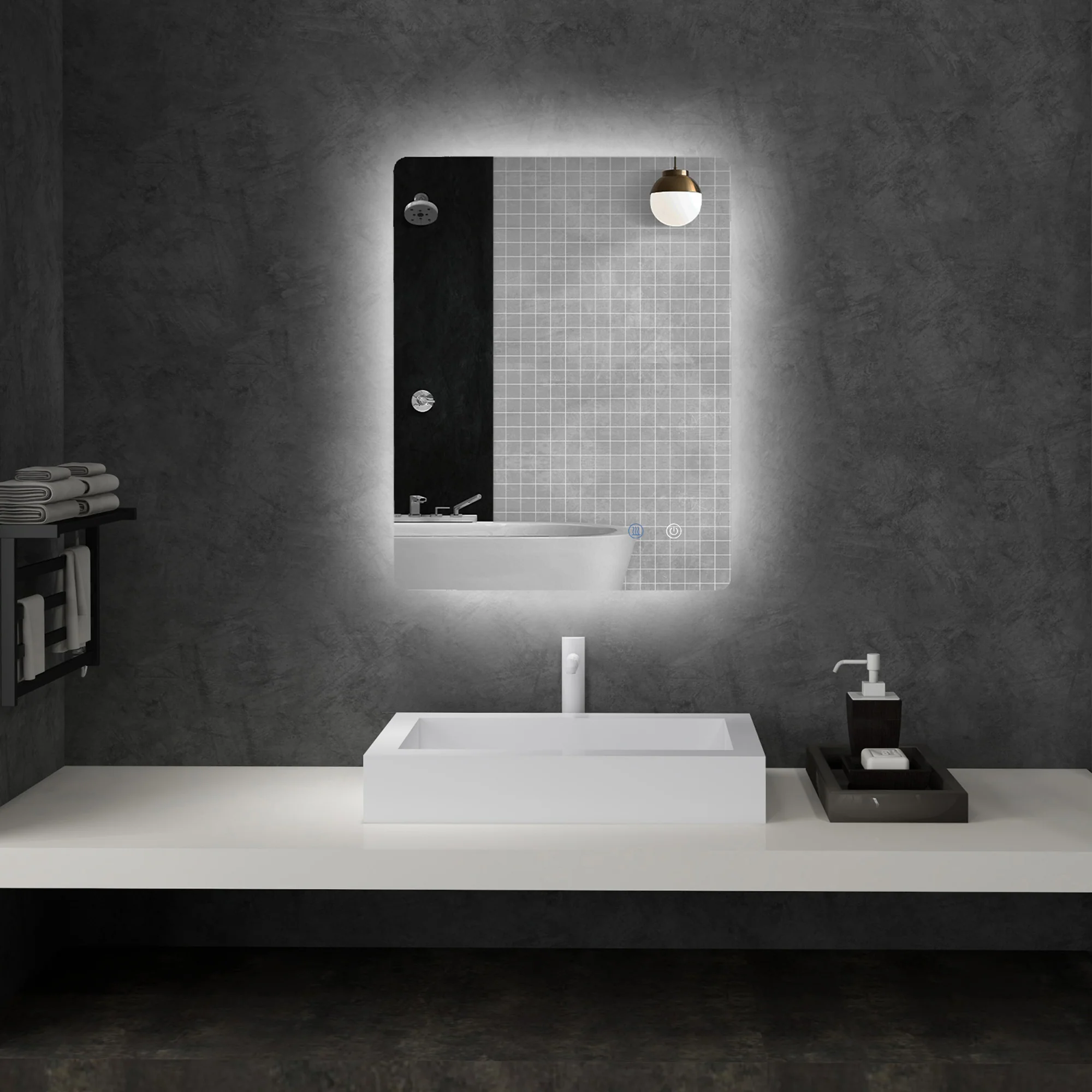 Miroir rectangulaire mural lumineux LED de salle de bain - 80 x 60 cm - 3 couleurs, luminosité réglable interrupteur tactile système antibuée blanc transparent - Image 3