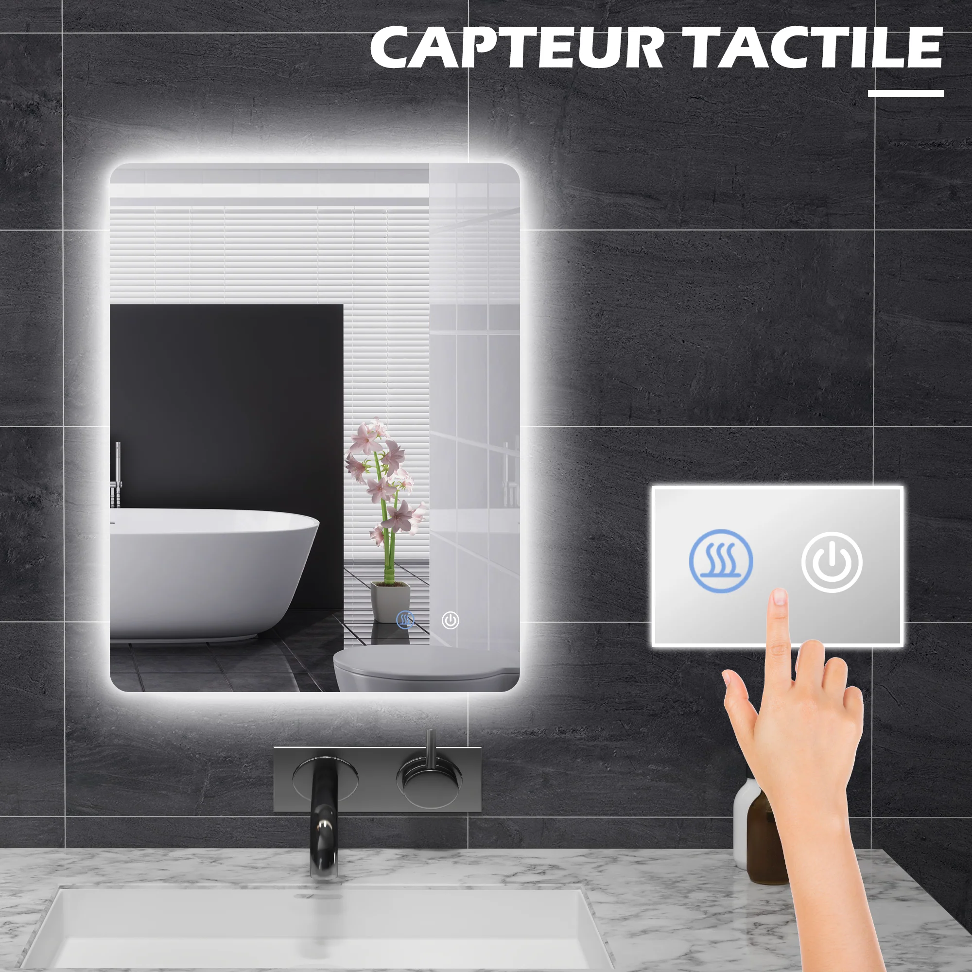 Miroir rectangulaire mural lumineux LED de salle de bain - 80 x 60 cm - 3 couleurs, luminosité réglable interrupteur tactile système antibuée blanc transparent - Image 5