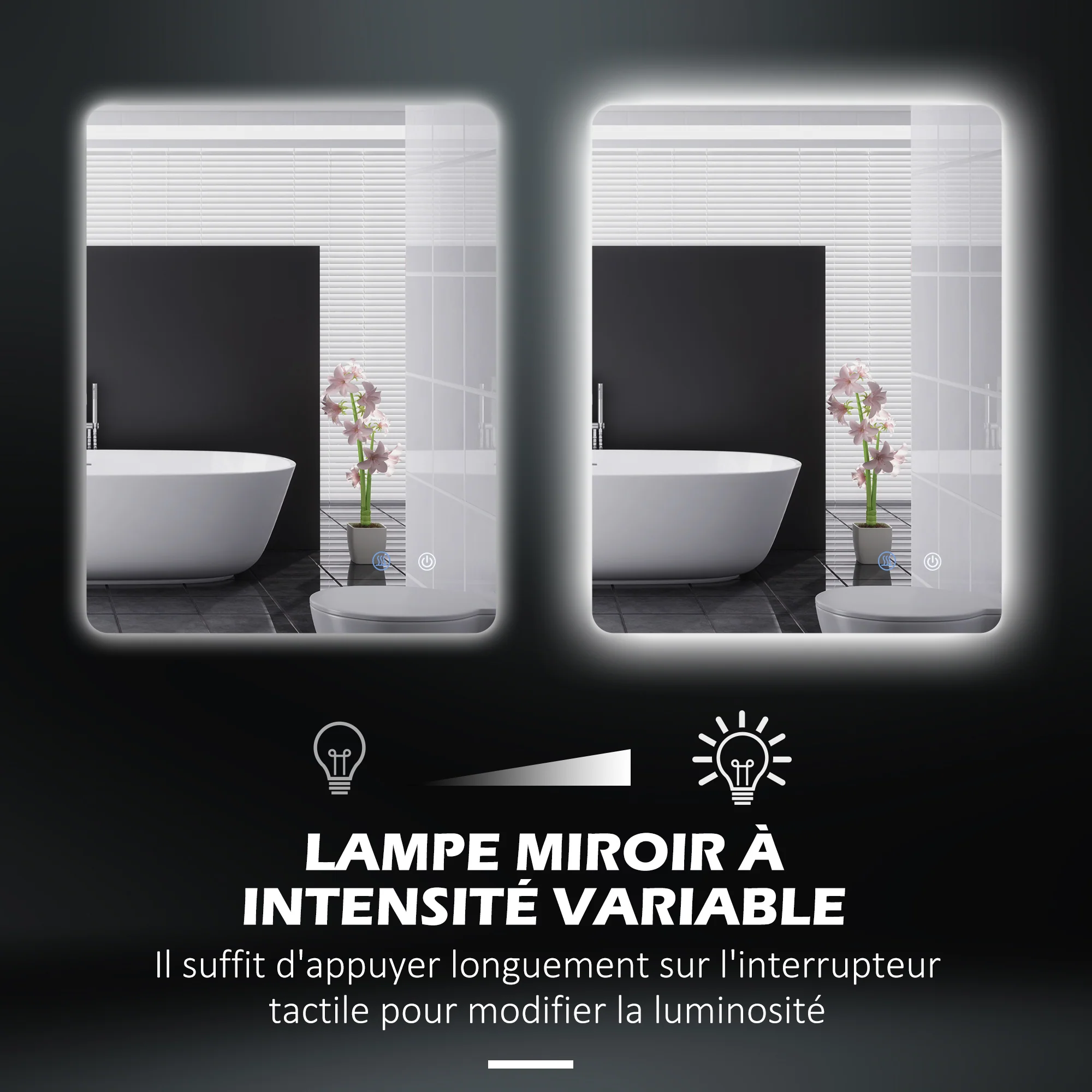 Miroir rectangulaire mural lumineux LED de salle de bain - 80 x 60 cm - 3 couleurs, luminosité réglable interrupteur tactile système antibuée blanc transparent - Image 6