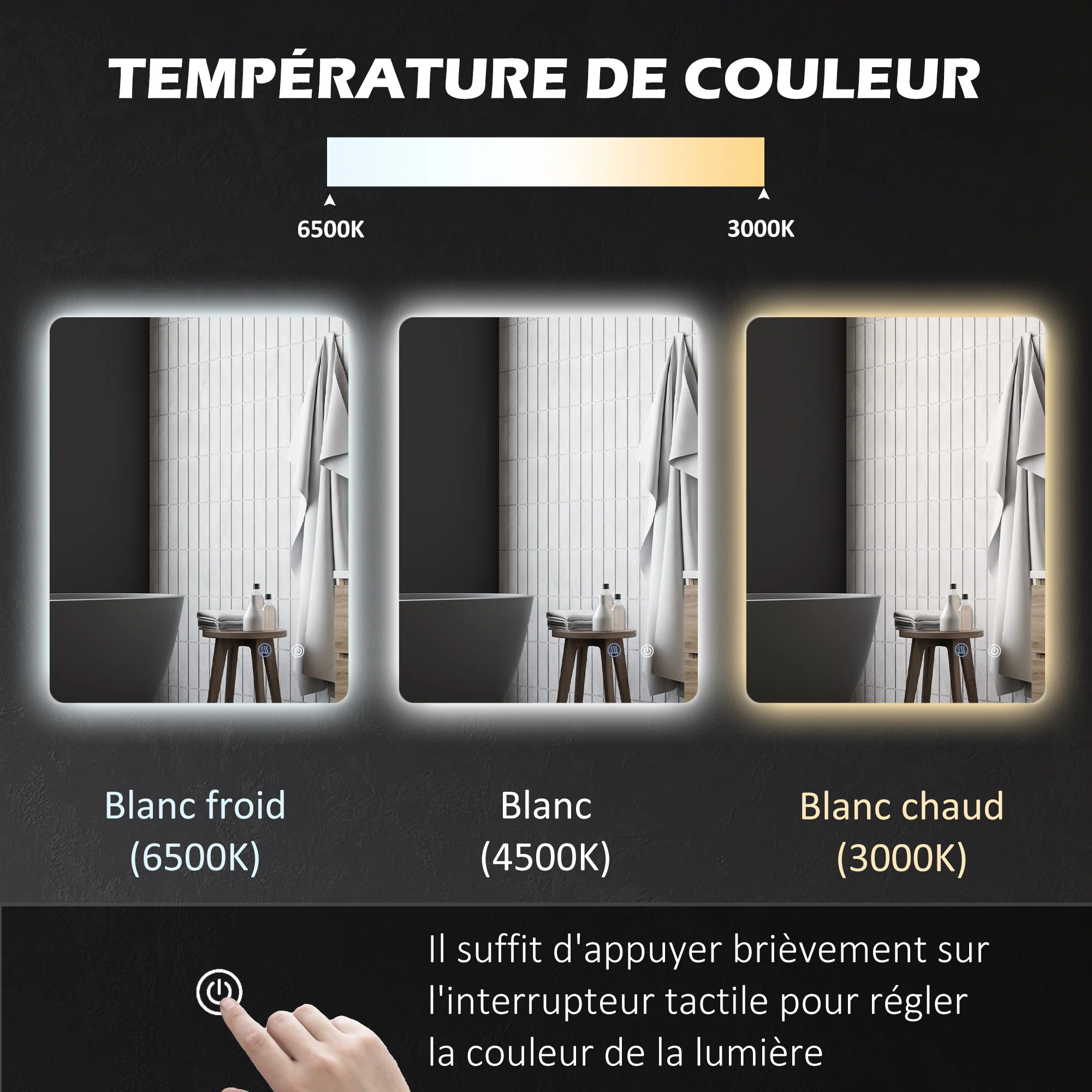 Miroir rectangulaire mural lumineux LED de salle de bain - 80 x 60 cm - 3 couleurs, luminosité réglable interrupteur tactile système antibuée blanc transparent - Image 7