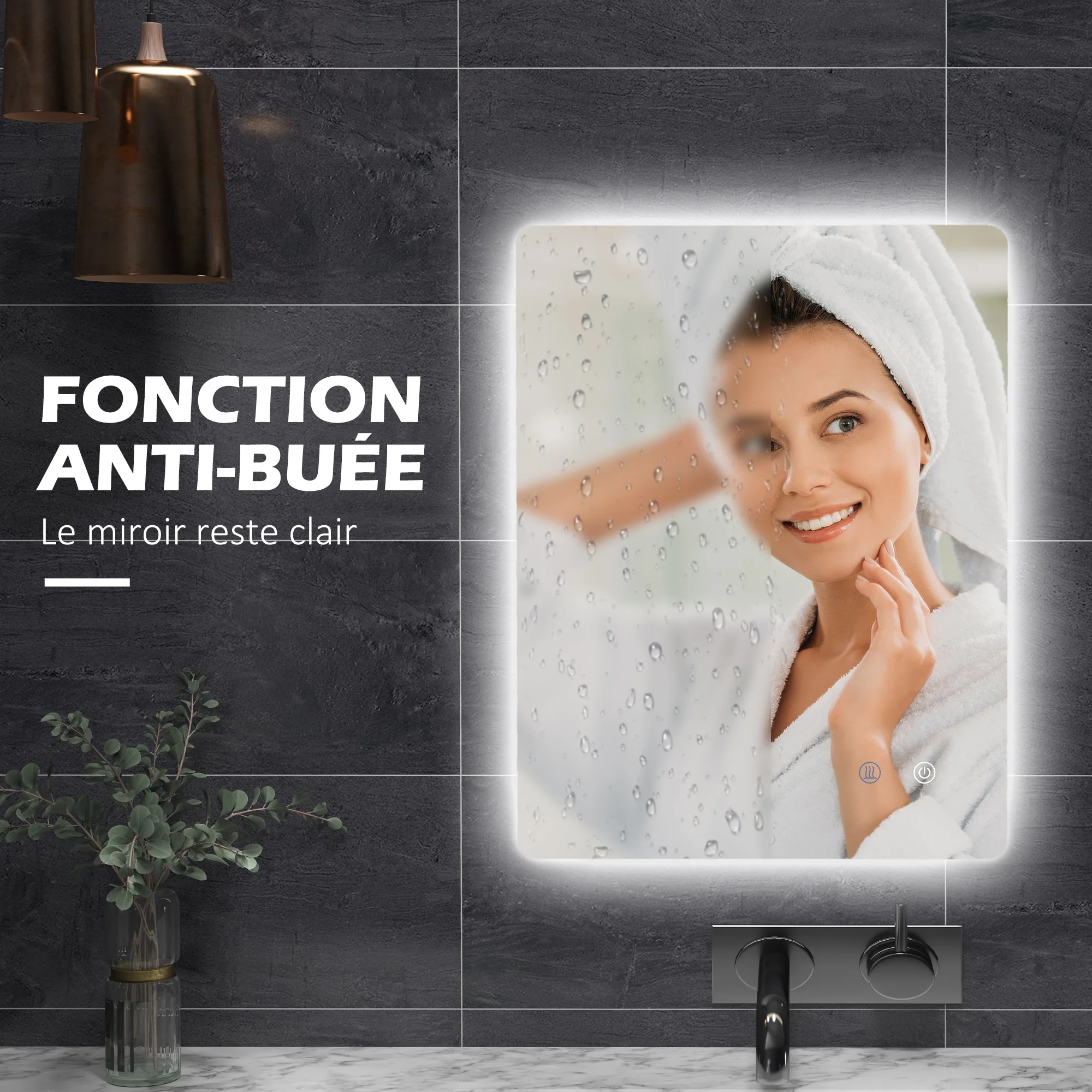 Miroir rectangulaire mural lumineux LED de salle de bain - 80 x 60 cm - 3 couleurs, luminosité réglable interrupteur tactile système antibuée blanc transparent - Image 8
