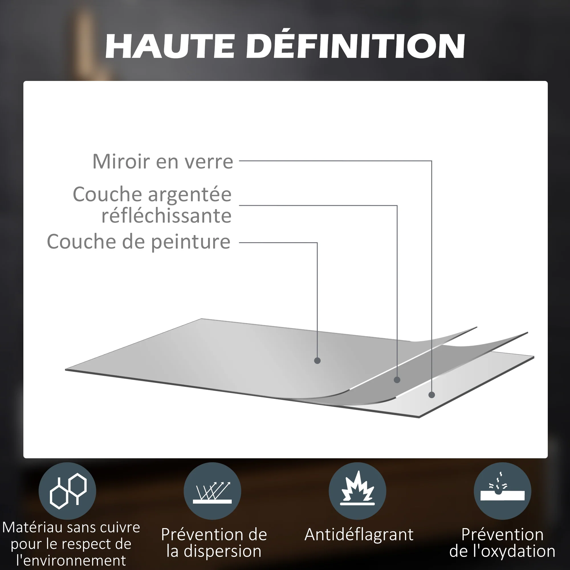 Miroir rectangulaire mural lumineux LED de salle de bain - 80 x 60 cm - 3 couleurs, luminosité réglable interrupteur tactile système antibuée blanc transparent - Image 9