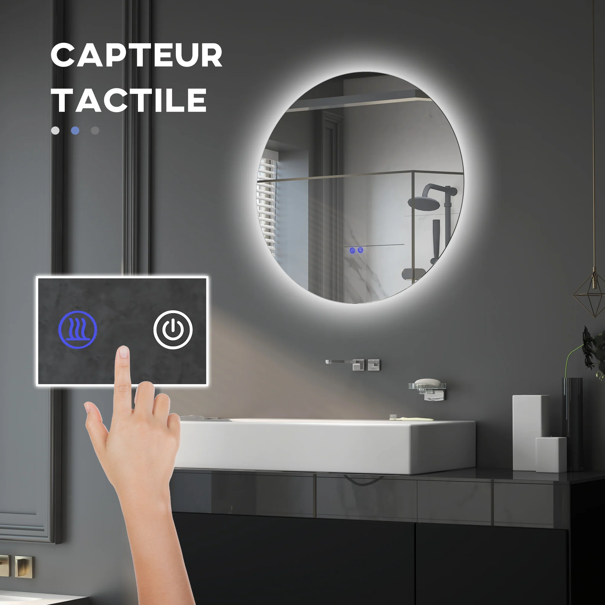 Miroir rond lumineux LED miroir mural de salle de bain 60 cm avec éclairage interrupteur tactile système antibuée luminosité réglable 29 W blanc et argent - Image 5