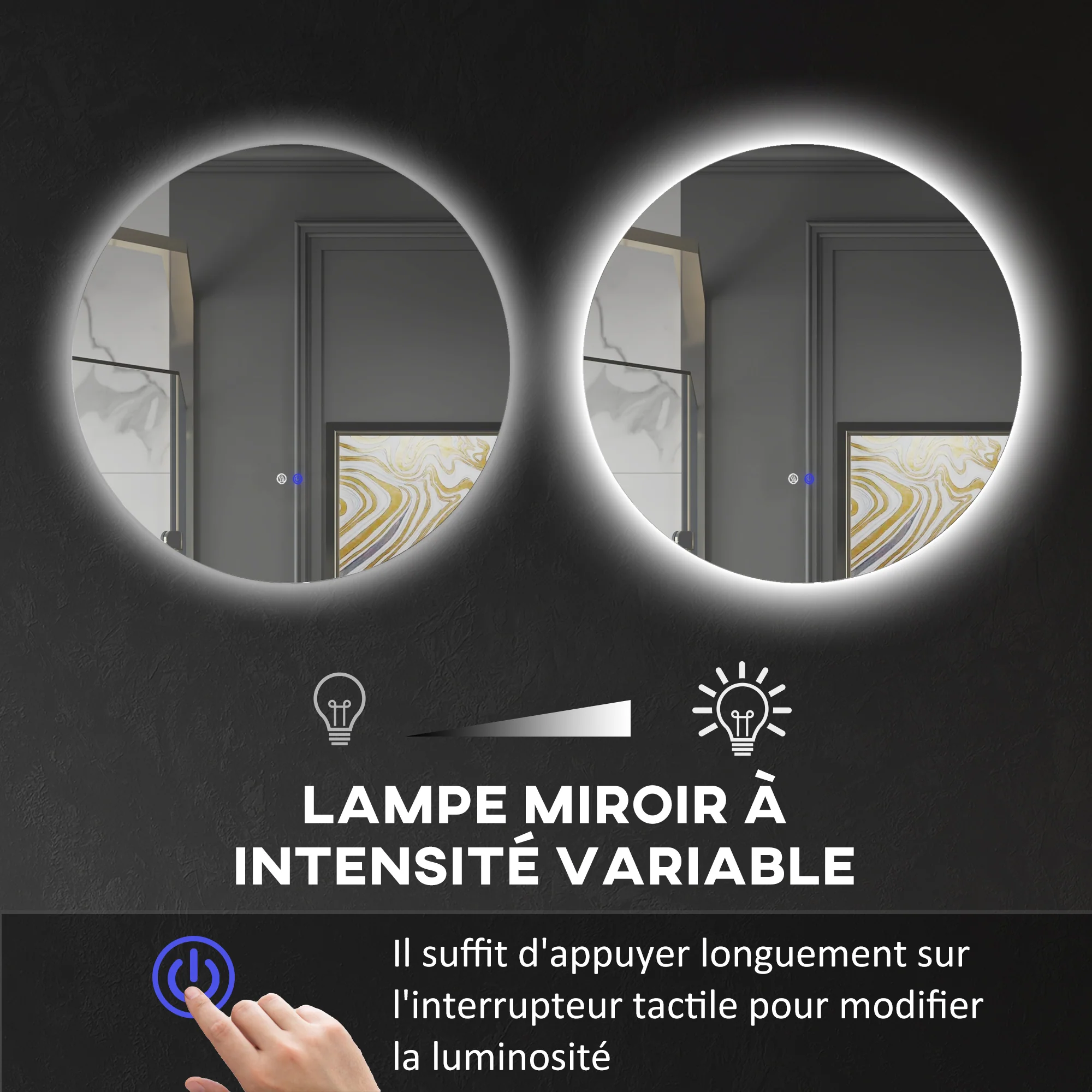 Miroir rond lumineux LED miroir mural de salle de bain 60 cm avec éclairage interrupteur tactile système antibuée luminosité réglable 29 W blanc et argent - Image 6