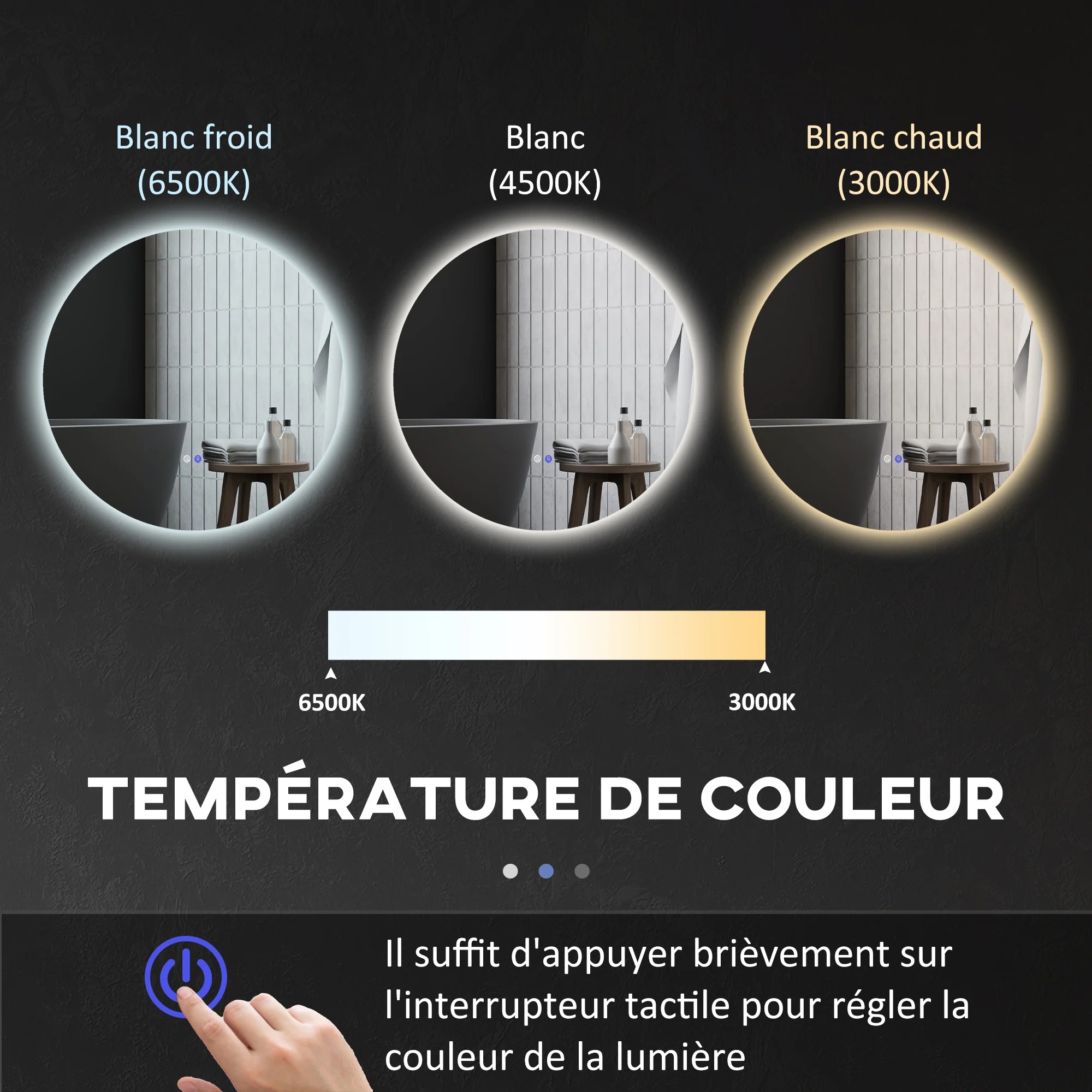 Miroir rond lumineux LED miroir mural de salle de bain 60 cm avec éclairage interrupteur tactile système antibuée luminosité réglable 29 W blanc et argent - Image 7