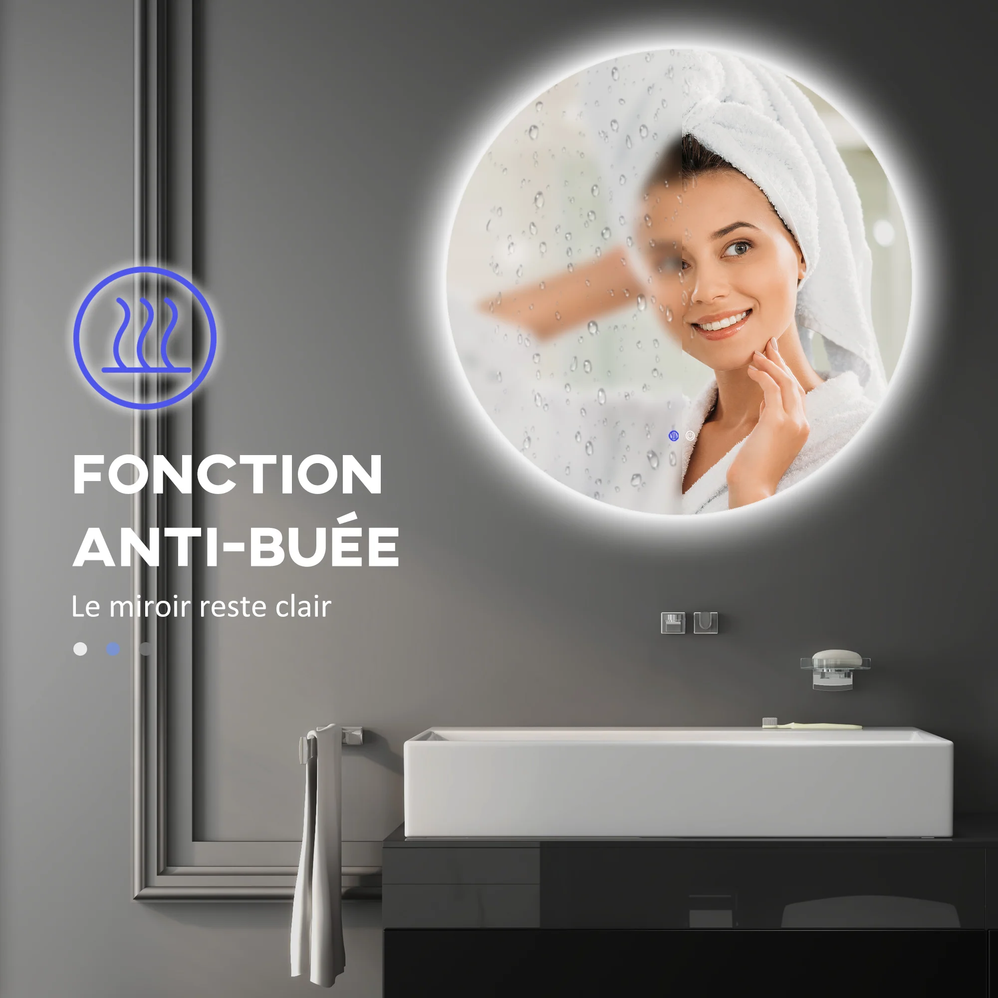 Miroir rond lumineux LED miroir mural de salle de bain 60 cm avec éclairage interrupteur tactile système antibuée luminosité réglable 29 W blanc et argent - Image 8