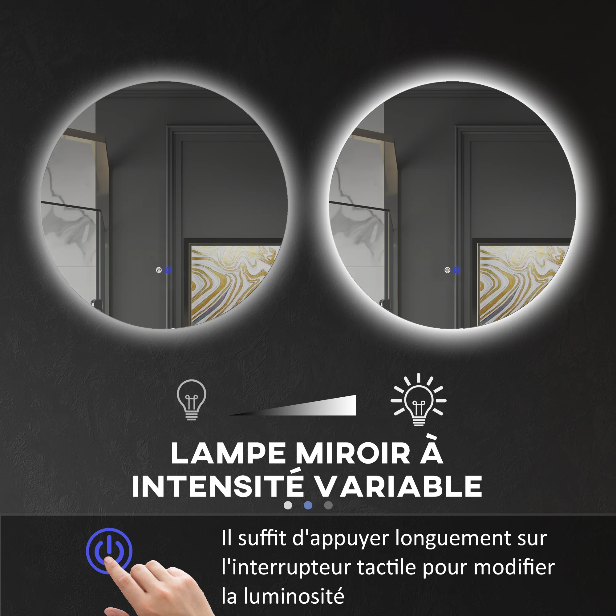Miroir rond lumineux LED miroir mural de salle de bain 70 cm avec éclairage interrupteur tactile système antibuée luminosité réglable 35W blanc et argent - Image 5