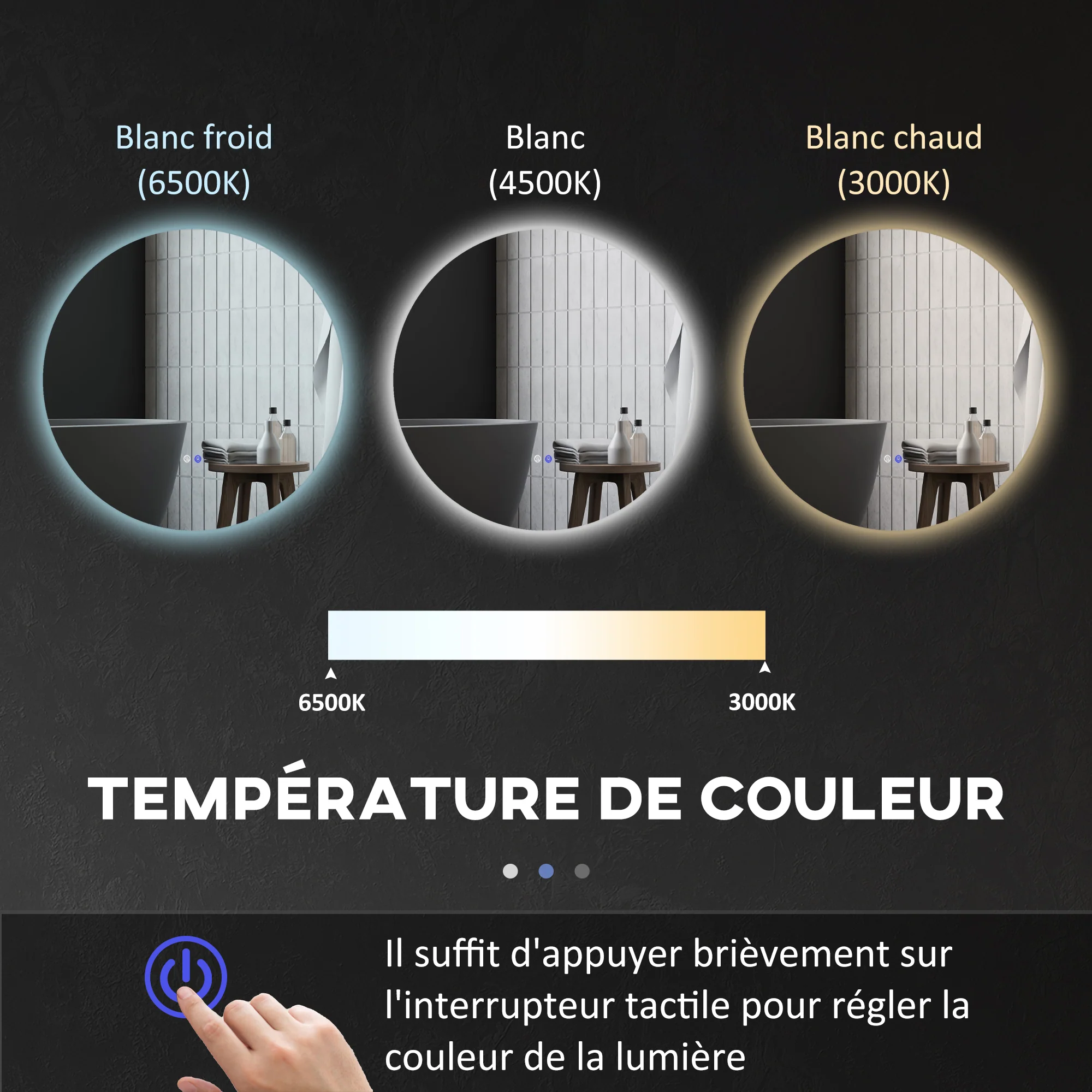Miroir rond lumineux LED miroir mural de salle de bain 70 cm avec éclairage interrupteur tactile système antibuée luminosité réglable 35W blanc et argent - Image 6