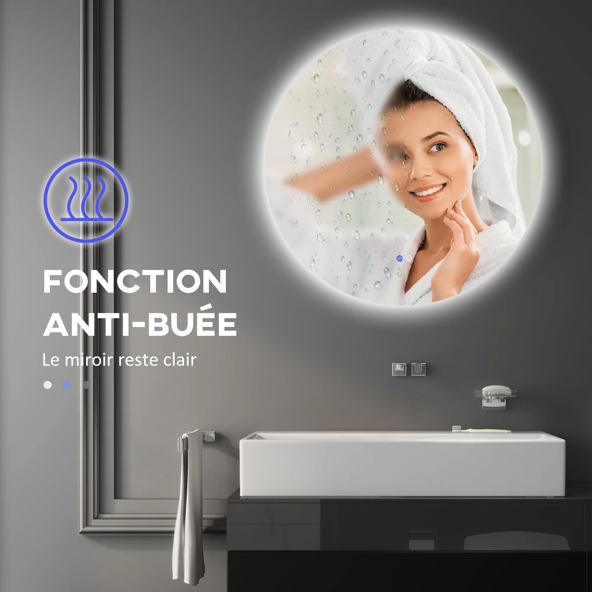 Miroir rond lumineux LED miroir mural de salle de bain 70 cm avec éclairage interrupteur tactile système antibuée luminosité réglable 35W blanc et argent - Image 7