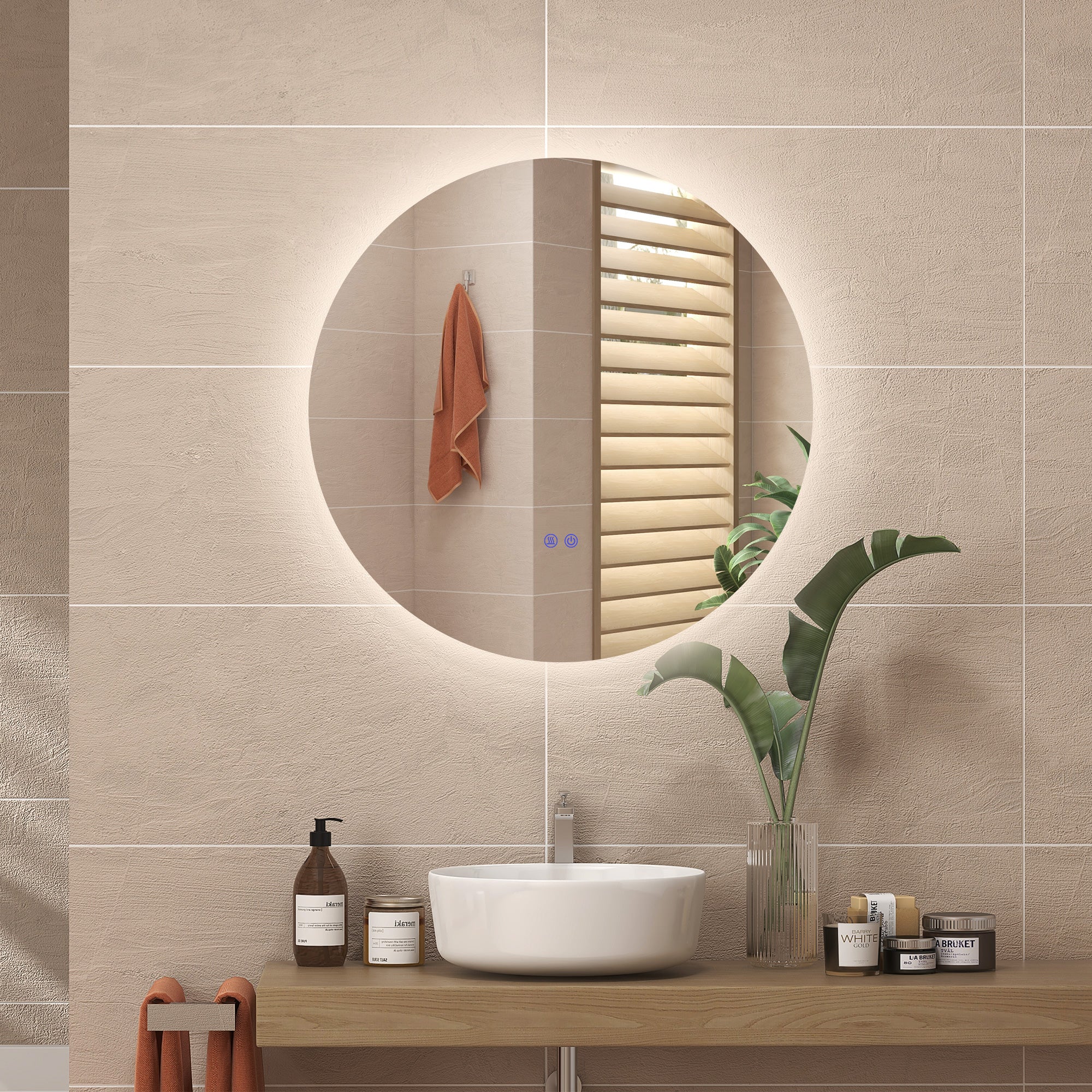 Miroir rond lumineux LED miroir mural de salle de bain 80 cm avec éclairage interrupteur tactile système antibuée luminosité réglable 20,5W+26W blanc et argent - Image 10