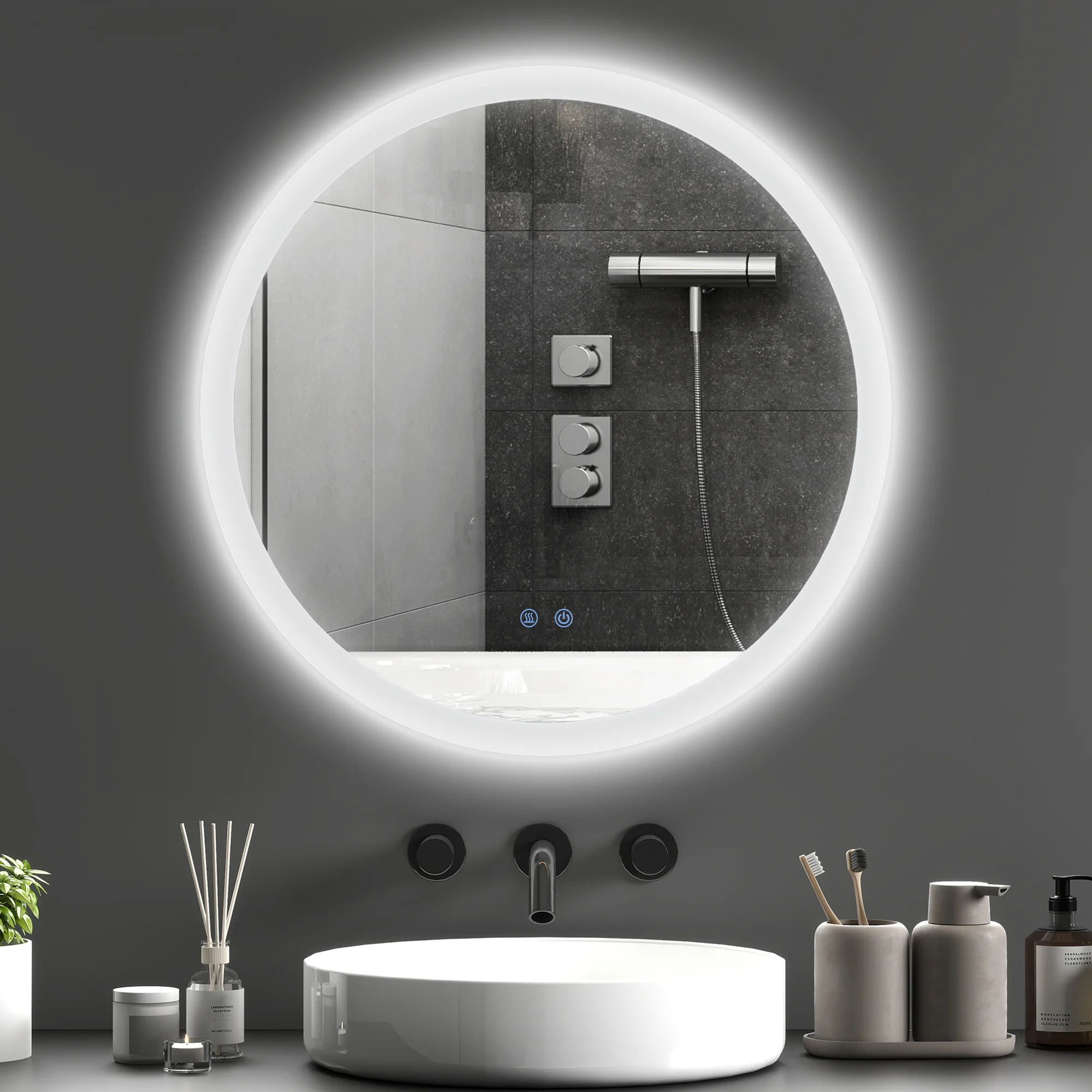 Miroir rond salle de bain avec éclairage LED ? 60 cm, miroir mural 29W avec anti-buée, 3 couleurs réglables, dimmable, interrupteur tactile, fonction mémoire, blanc et argent - Image 3