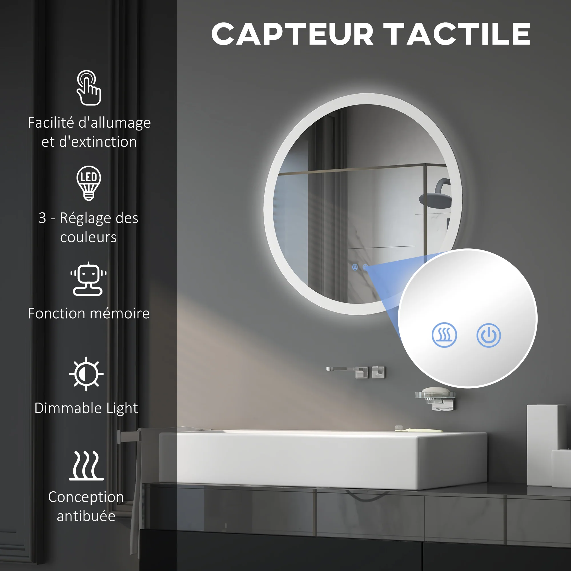 Miroir rond salle de bain avec éclairage LED ? 60 cm, miroir mural 29W avec anti-buée, 3 couleurs réglables, dimmable, interrupteur tactile, fonction mémoire, blanc et argent - Image 5