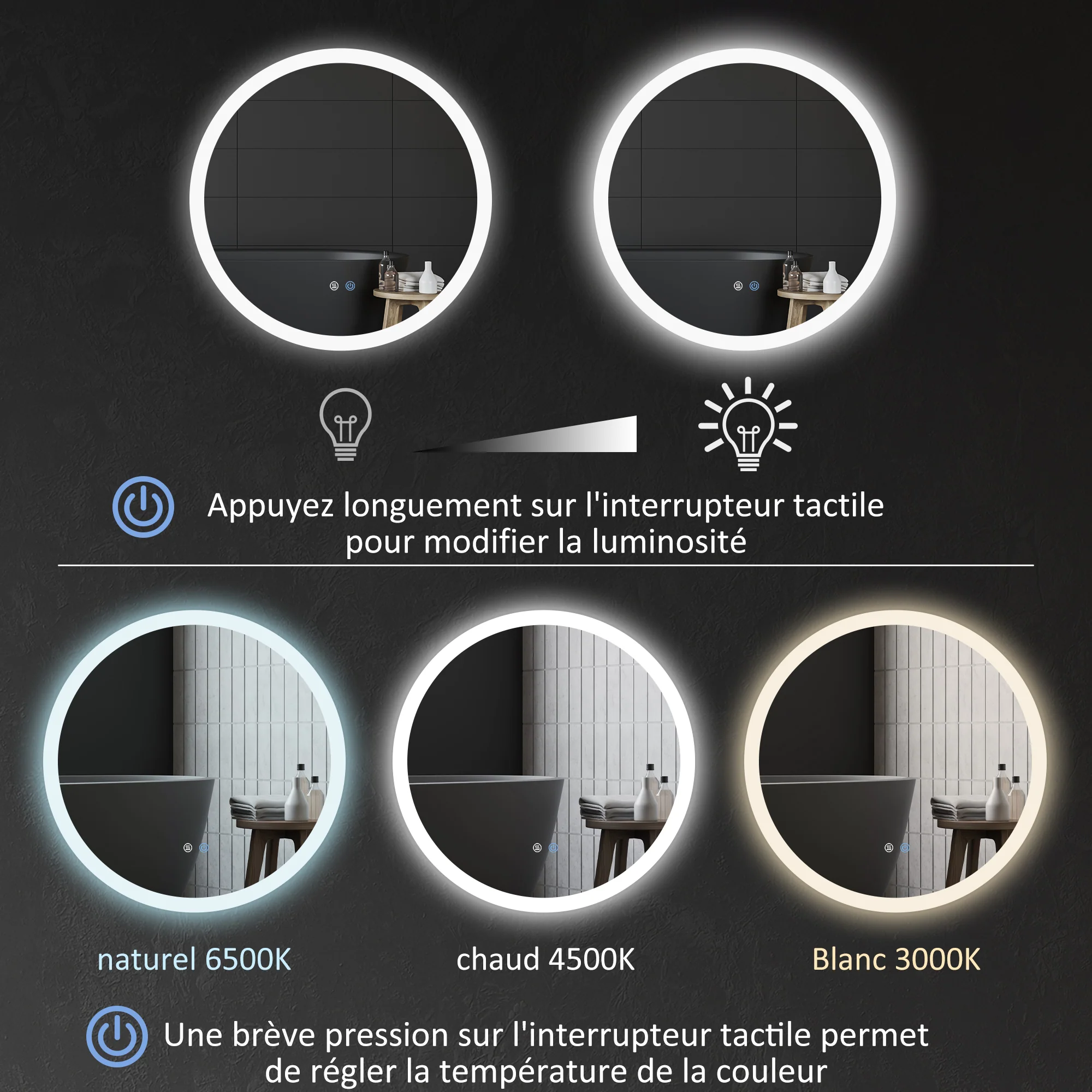 Miroir rond salle de bain avec éclairage LED ? 60 cm, miroir mural 29W avec anti-buée, 3 couleurs réglables, dimmable, interrupteur tactile, fonction mémoire, blanc et argent - Image 6