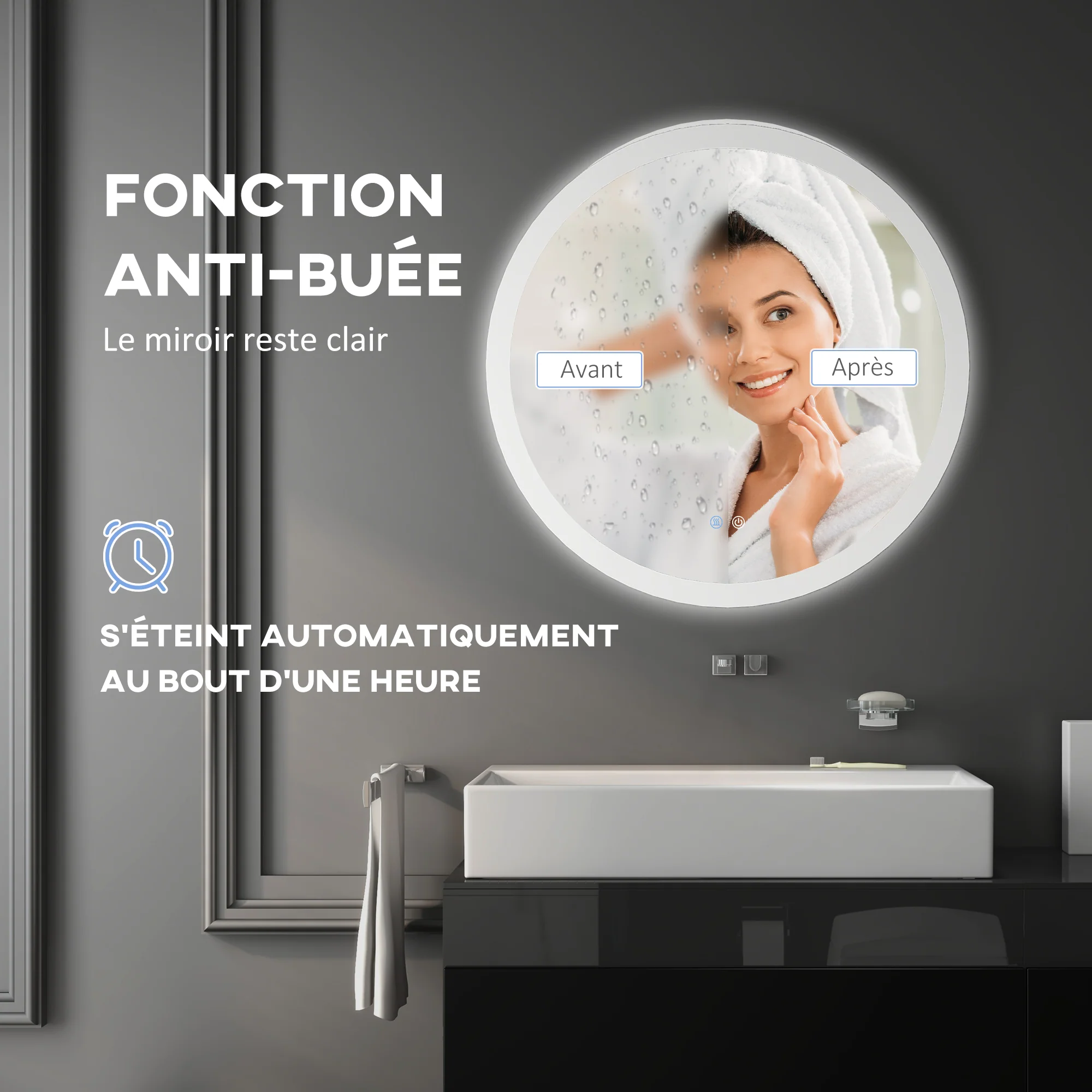 Miroir rond salle de bain avec éclairage LED ? 60 cm, miroir mural 29W avec anti-buée, 3 couleurs réglables, dimmable, interrupteur tactile, fonction mémoire, blanc et argent - Image 7