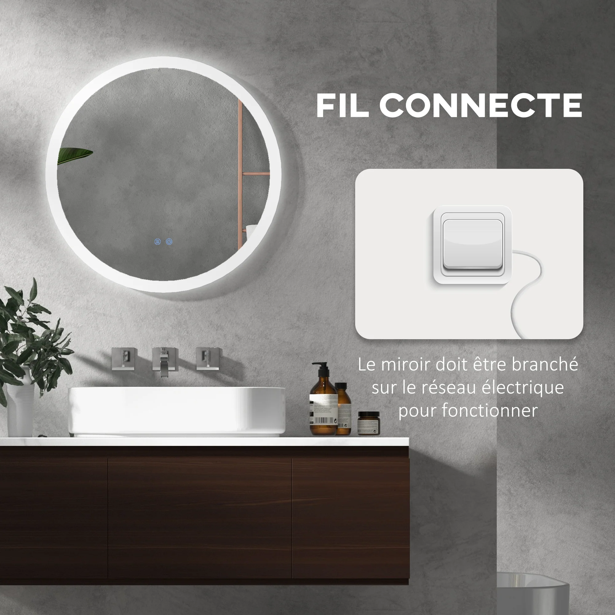 Miroir rond salle de bain avec éclairage LED ? 60 cm, miroir mural 29W avec anti-buée, 3 couleurs réglables, dimmable, interrupteur tactile, fonction mémoire, blanc et argent - Image 9