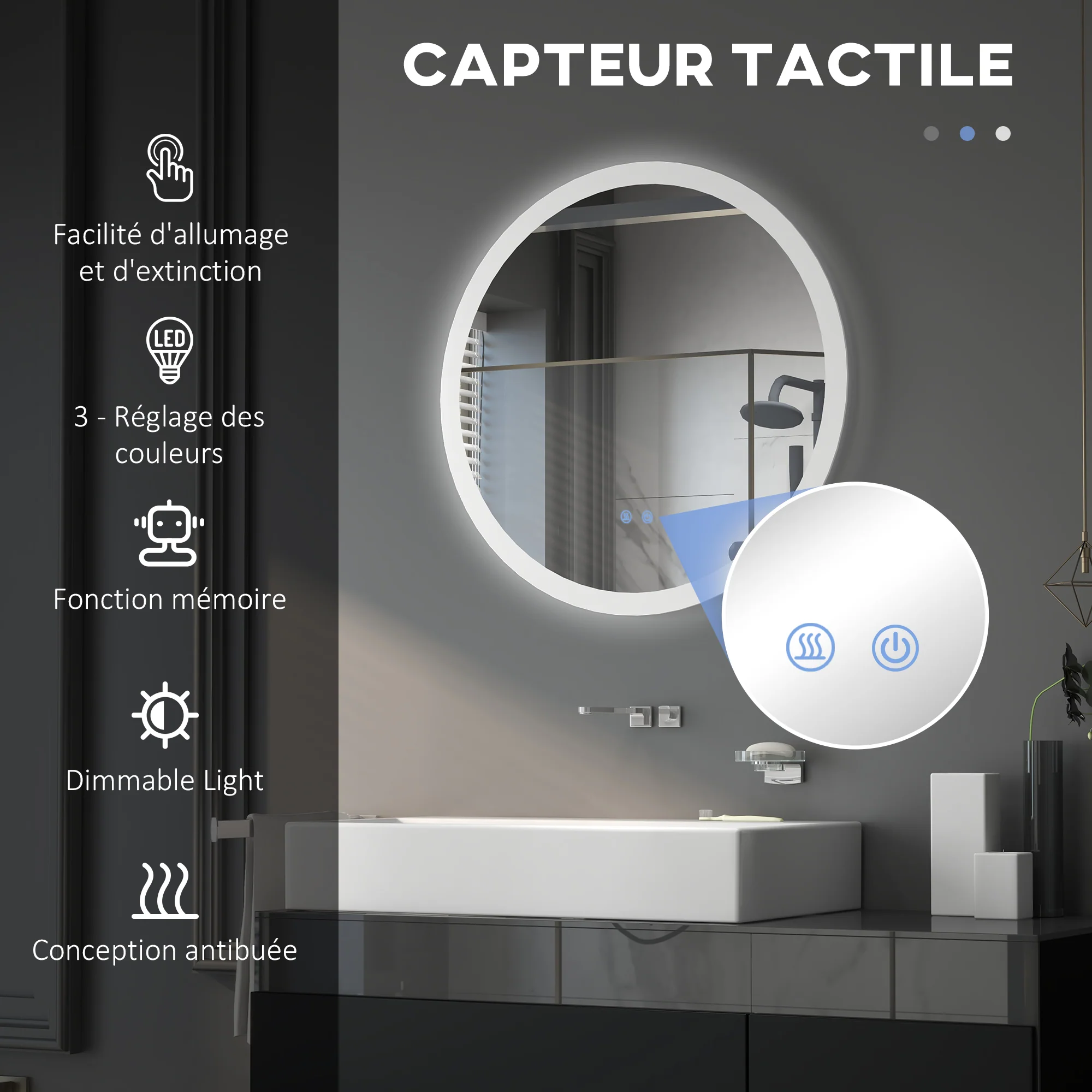 Miroir rond salle de bain avec éclairage LED ? 70 cm, miroir mural 35W avec anti-buée, 3 couleurs réglables, dimmable, interrupteur tactile, fonction mémoire, blanc et argent - Image 4