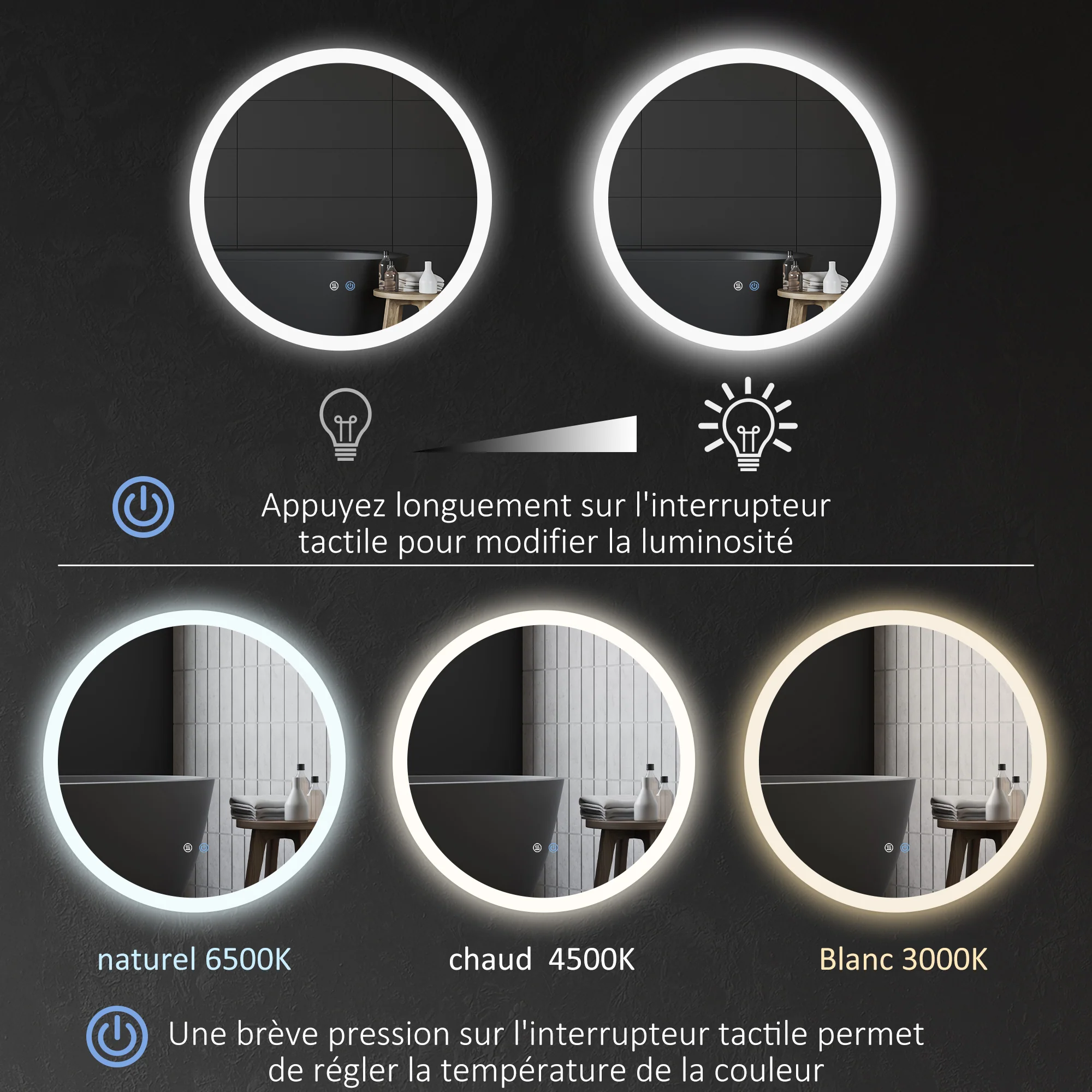 Miroir rond salle de bain avec éclairage LED ? 70 cm, miroir mural 35W avec anti-buée, 3 couleurs réglables, dimmable, interrupteur tactile, fonction mémoire, blanc et argent - Image 5