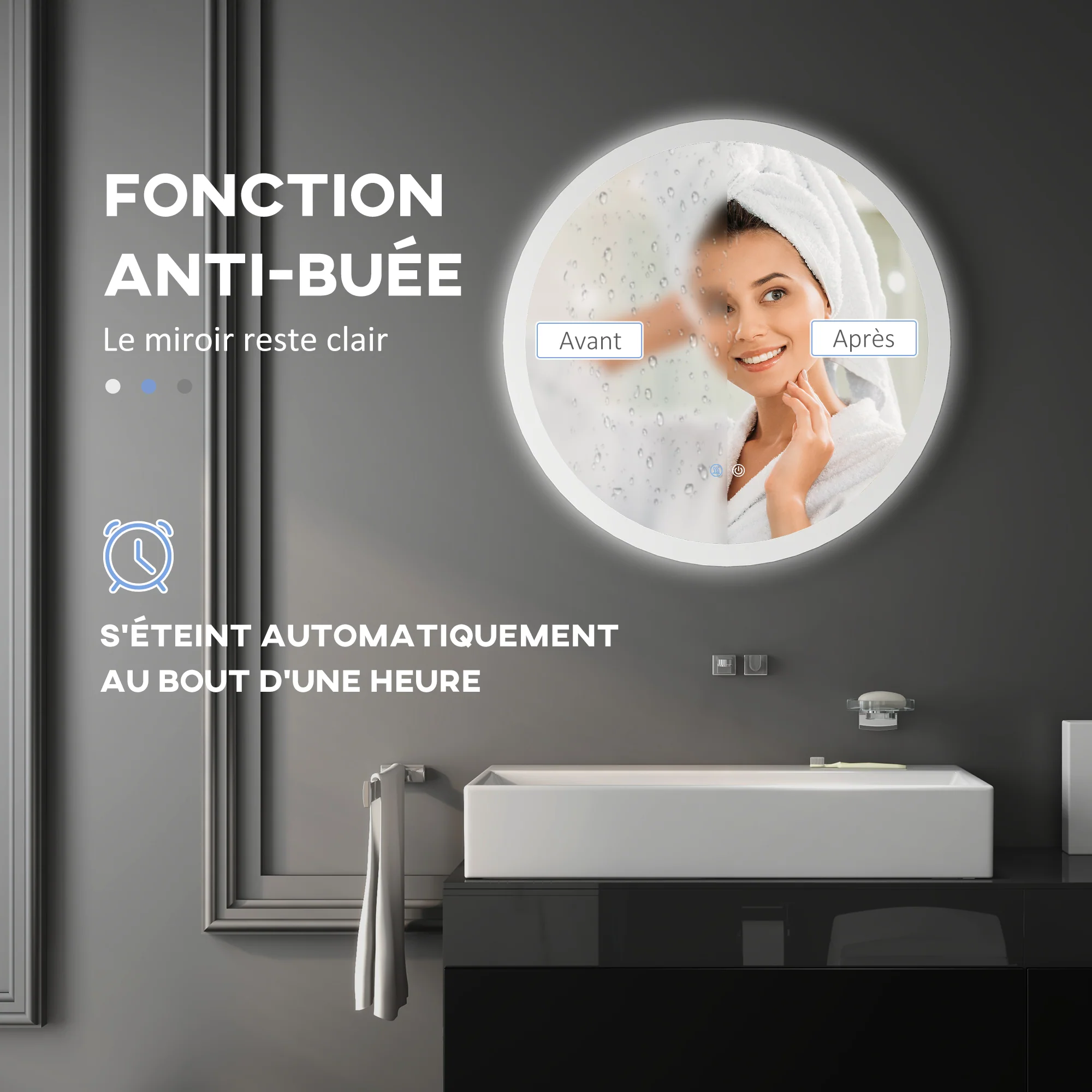 Miroir rond salle de bain avec éclairage LED ? 70 cm, miroir mural 35W avec anti-buée, 3 couleurs réglables, dimmable, interrupteur tactile, fonction mémoire, blanc et argent - Image 6