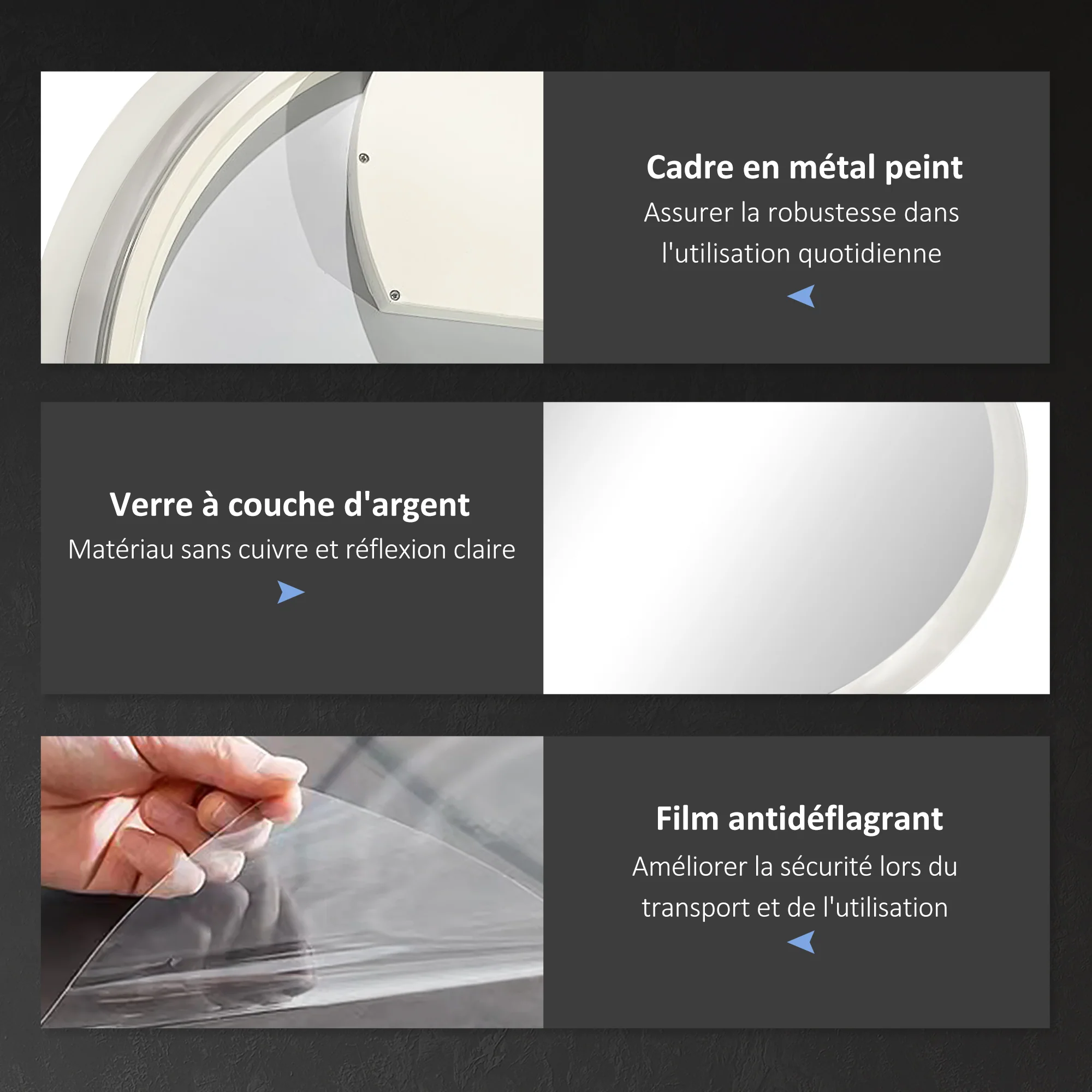 Miroir rond salle de bain avec éclairage LED ? 70 cm, miroir mural 35W avec anti-buée, 3 couleurs réglables, dimmable, interrupteur tactile, fonction mémoire, blanc et argent - Image 7