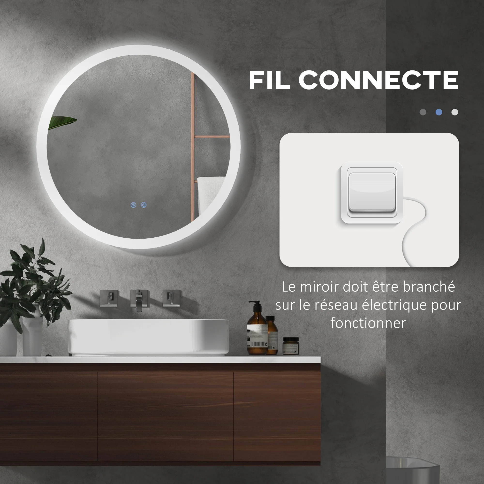 Miroir rond salle de bain avec éclairage LED ? 70 cm, miroir mural 35W avec anti-buée, 3 couleurs réglables, dimmable, interrupteur tactile, fonction mémoire, blanc et argent - Image 8