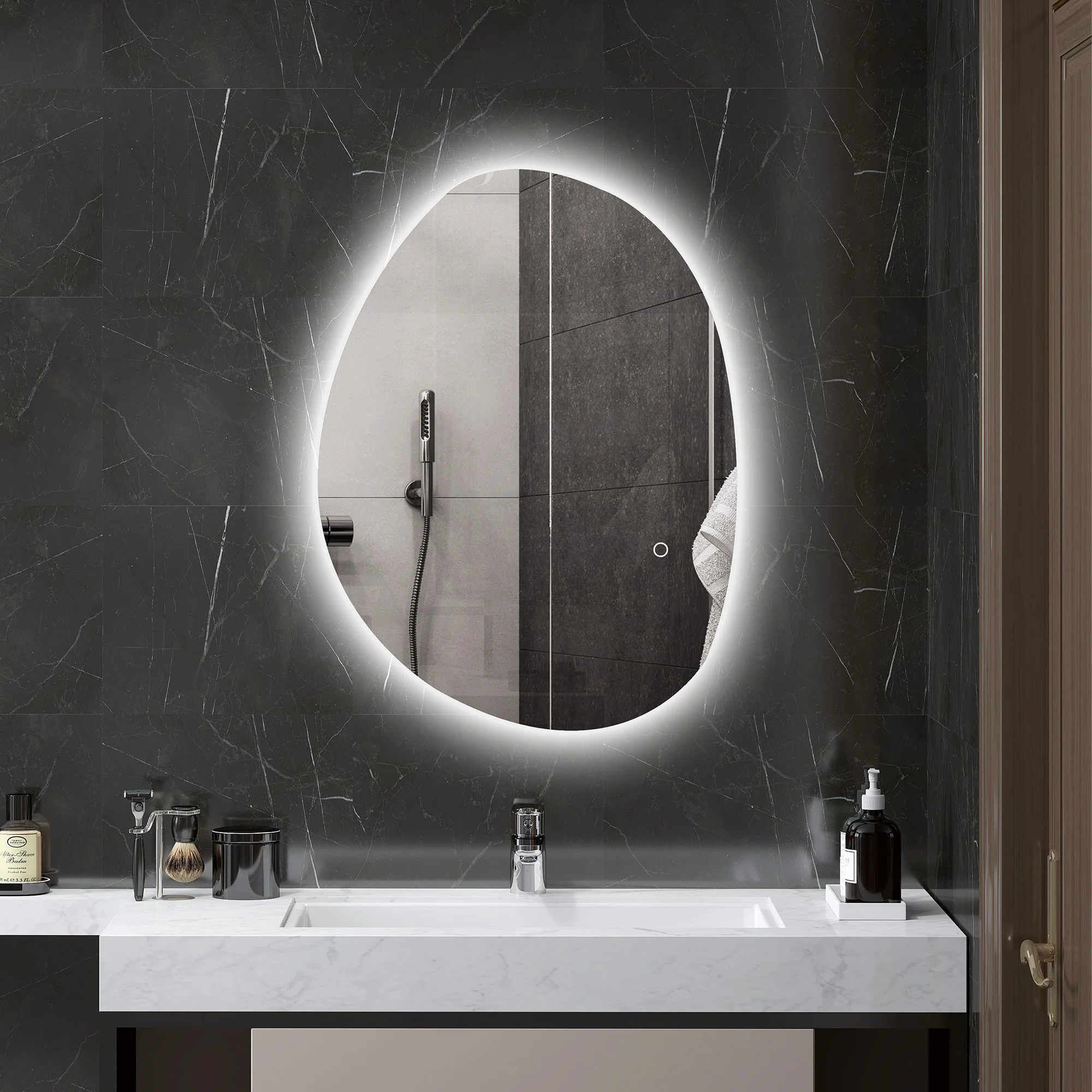 Miroir salle de bain 70 x 50 cm, miroir mural asymétrique, miroir salle de bain avec éclairage LED - interrupteur tactile, lumière réglable 3 couleurs, anti-buée, mémoire - argent - Image 3